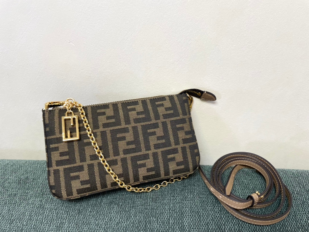 Fendi FF Monogram Canvas Mini Bag with Gold-Tone Chain and Charm