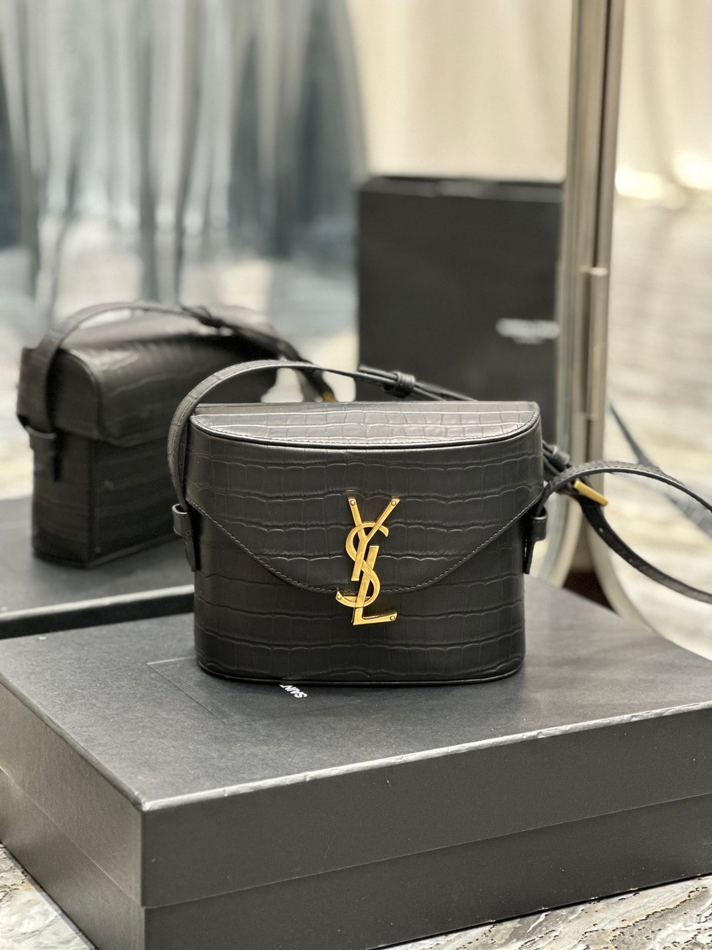 Saint Laurent YSL Small Kaia Crossbody Bag - Black Croc-Embossed Leather