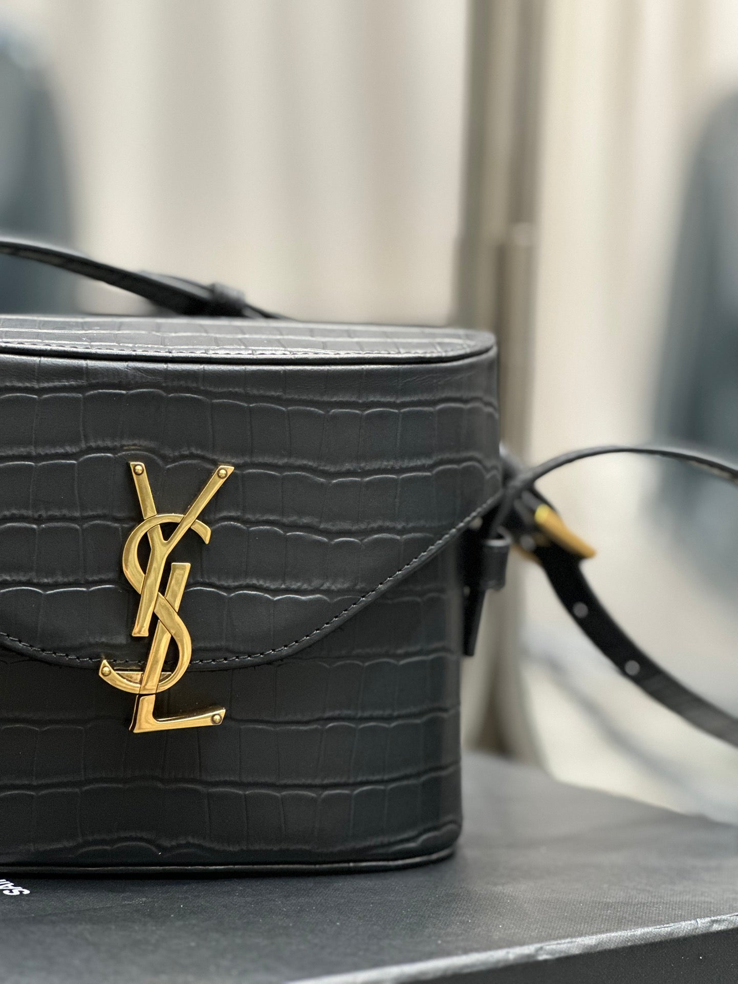 Saint Laurent YSL Small Kaia Crossbody Bag - Black Croc-Embossed Leather