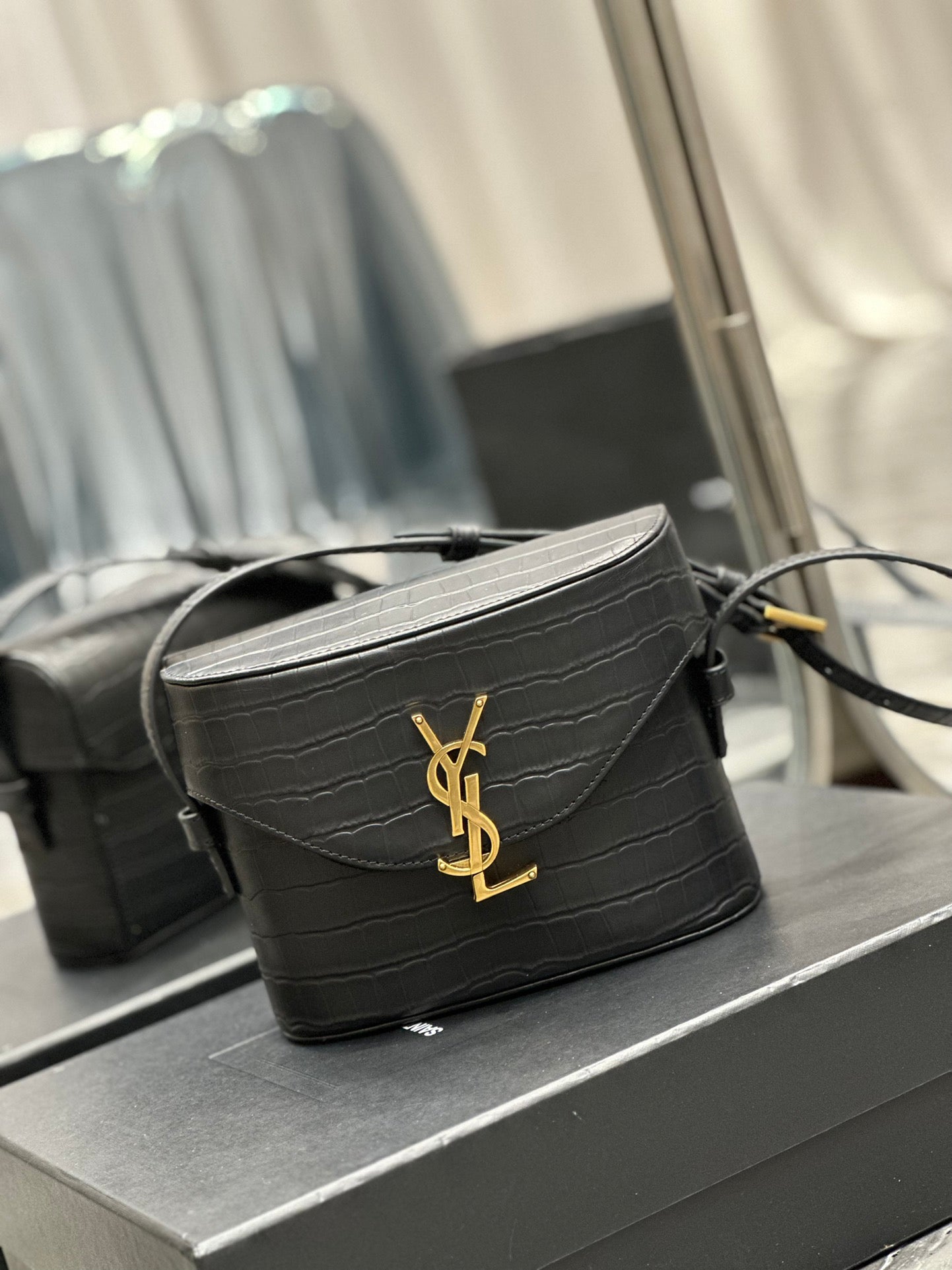 Saint Laurent YSL Small Kaia Crossbody Bag - Black Croc-Embossed Leather