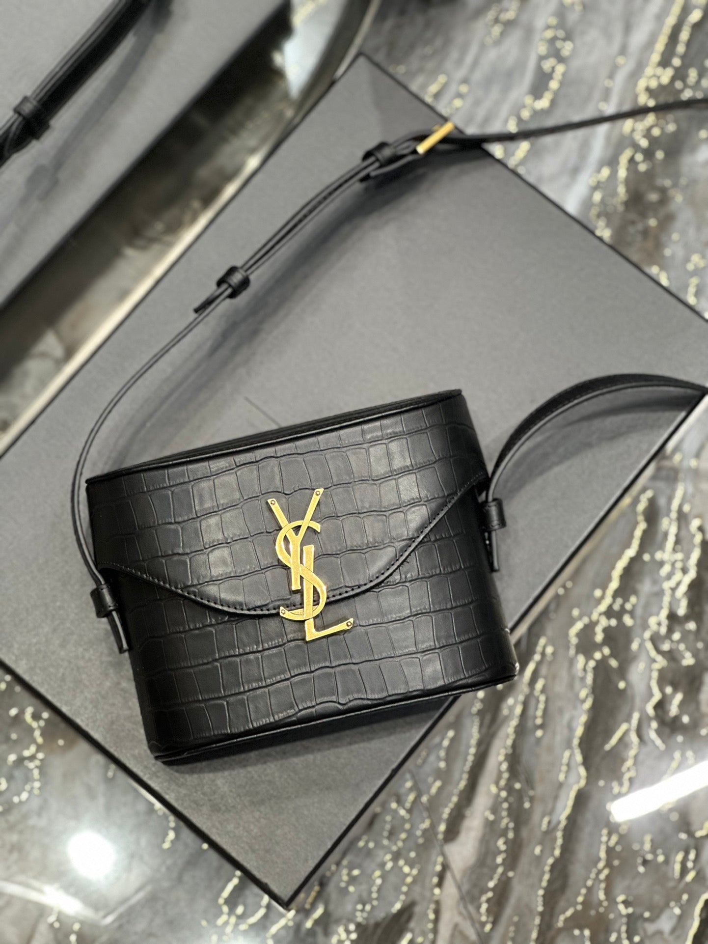 Saint Laurent YSL Small Kaia Crossbody Bag - Black Croc-Embossed Leather