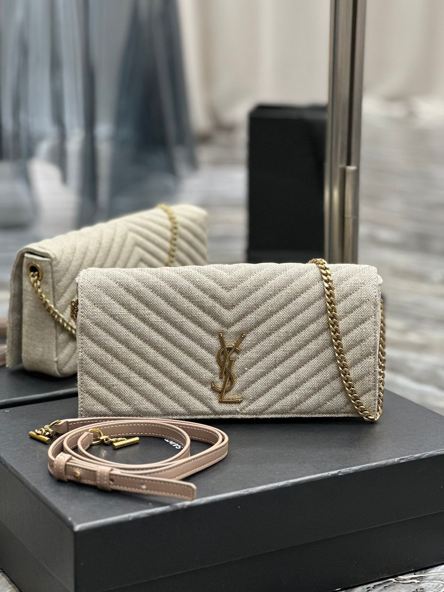 Saint Laurent Cassandre Matelassé Chain Wallet in Beige Grain de Poudre Leather