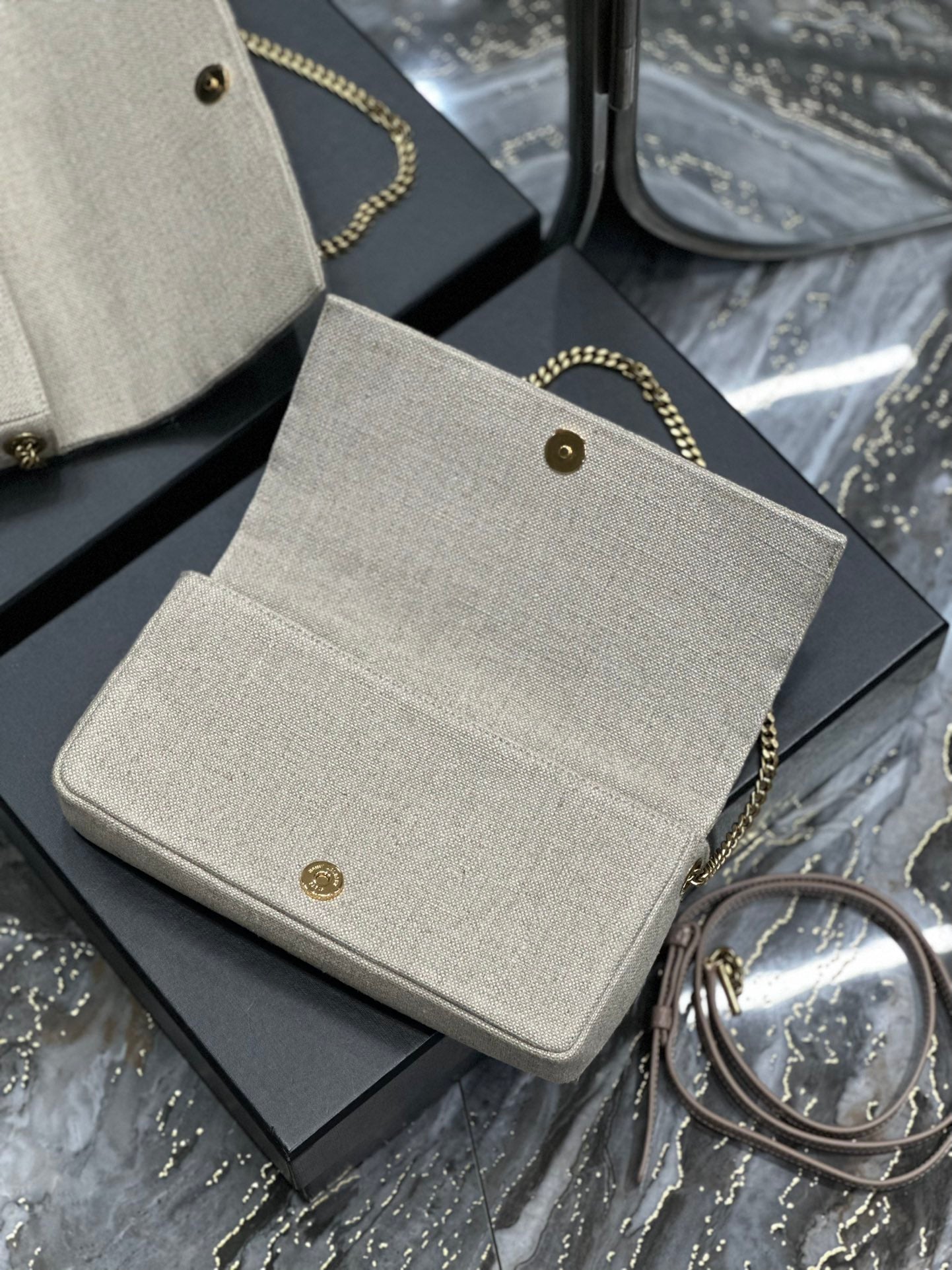 Saint Laurent Cassandre Matelassé Chain Wallet in Beige Grain de Poudre Leather