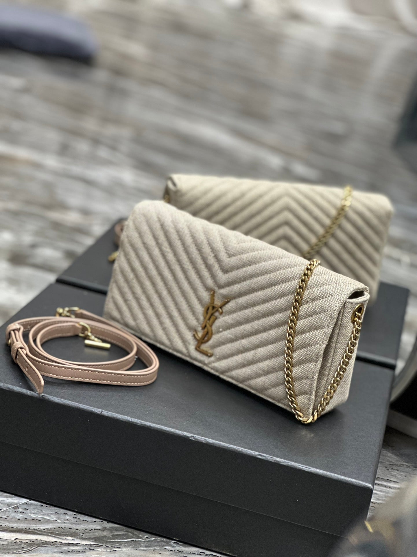 Saint Laurent Cassandre Matelassé Chain Wallet in Beige Grain de Poudre Leather
