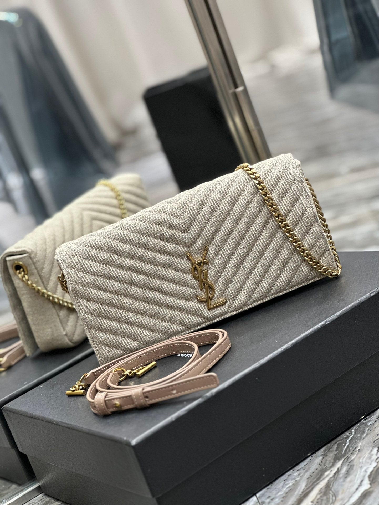 Saint Laurent Cassandre Matelassé Chain Wallet in Beige Grain de Poudre Leather
