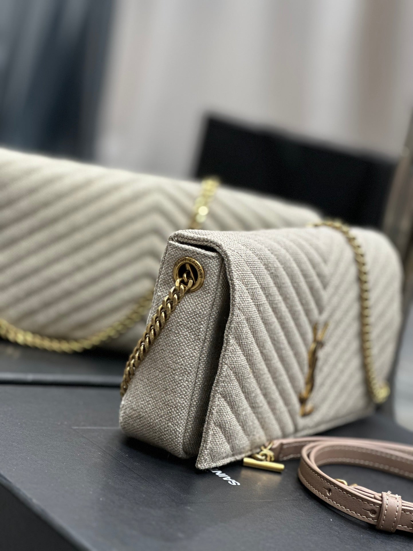 Saint Laurent Cassandre Matelassé Chain Wallet in Beige Grain de Poudre Leather