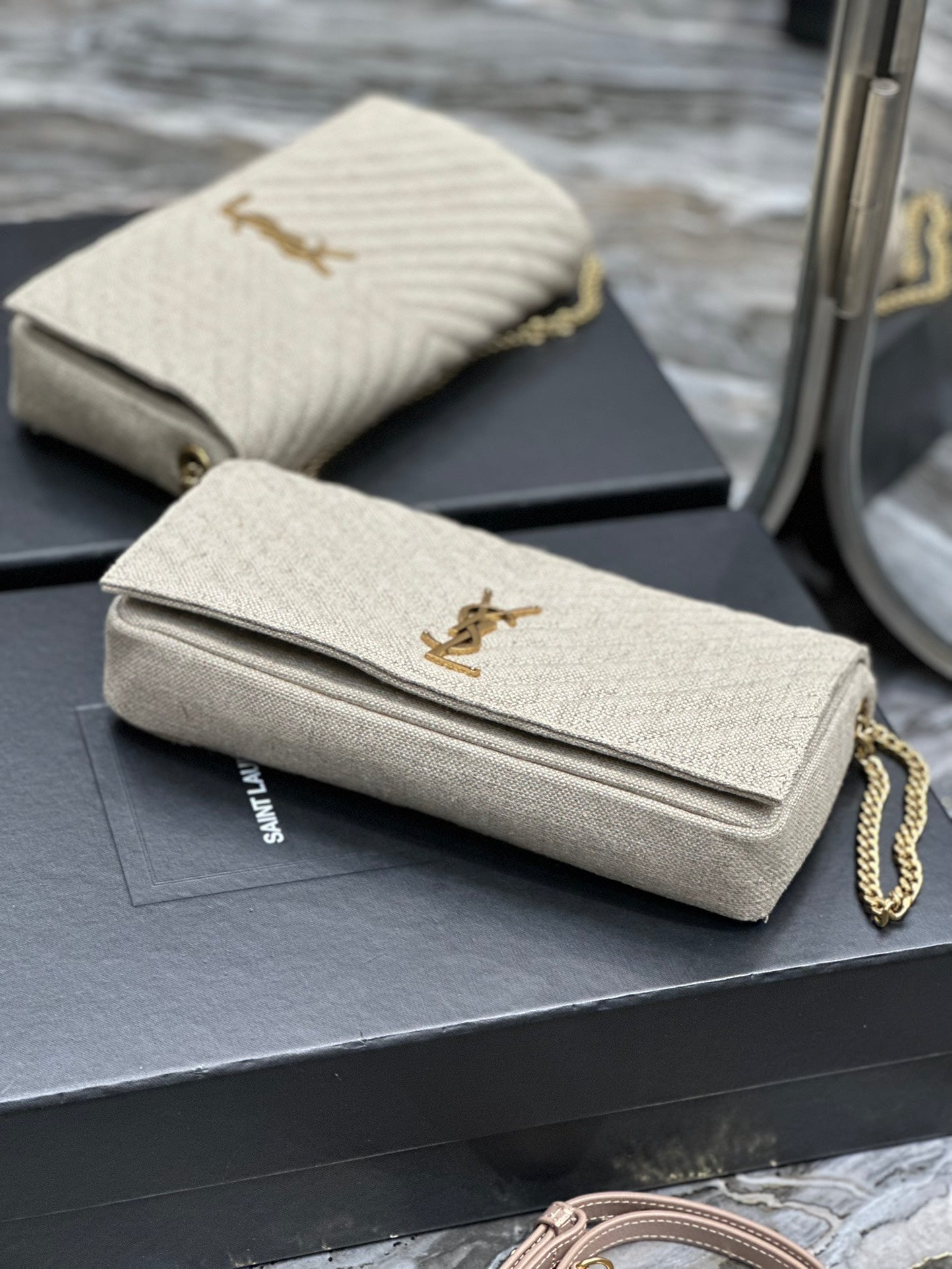 Saint Laurent Cassandre Matelassé Chain Wallet in Beige Grain de Poudre Leather