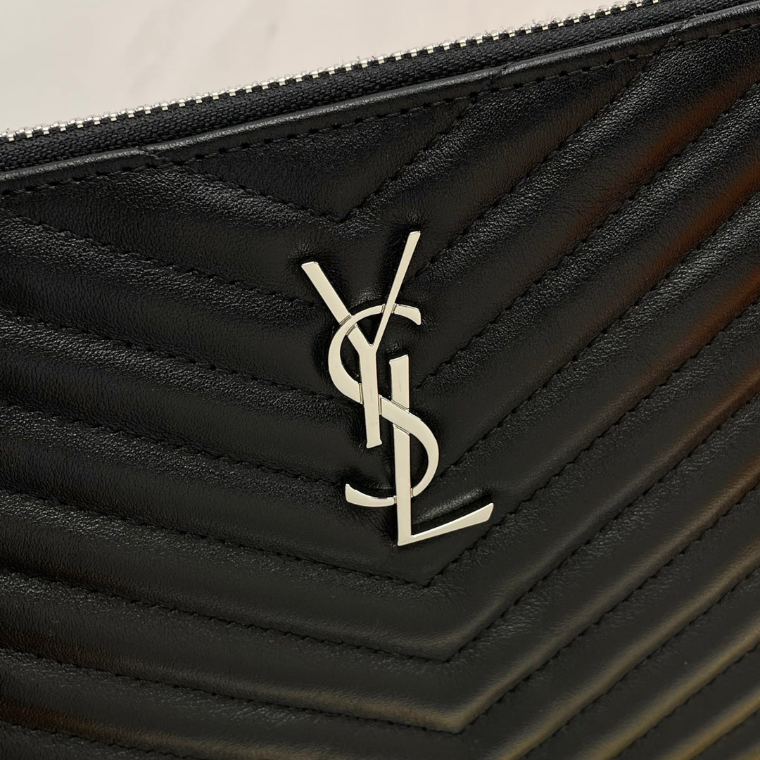 Saint Laurent Monogram Matelassé Quilted Leather Wristlet Clutch in Black