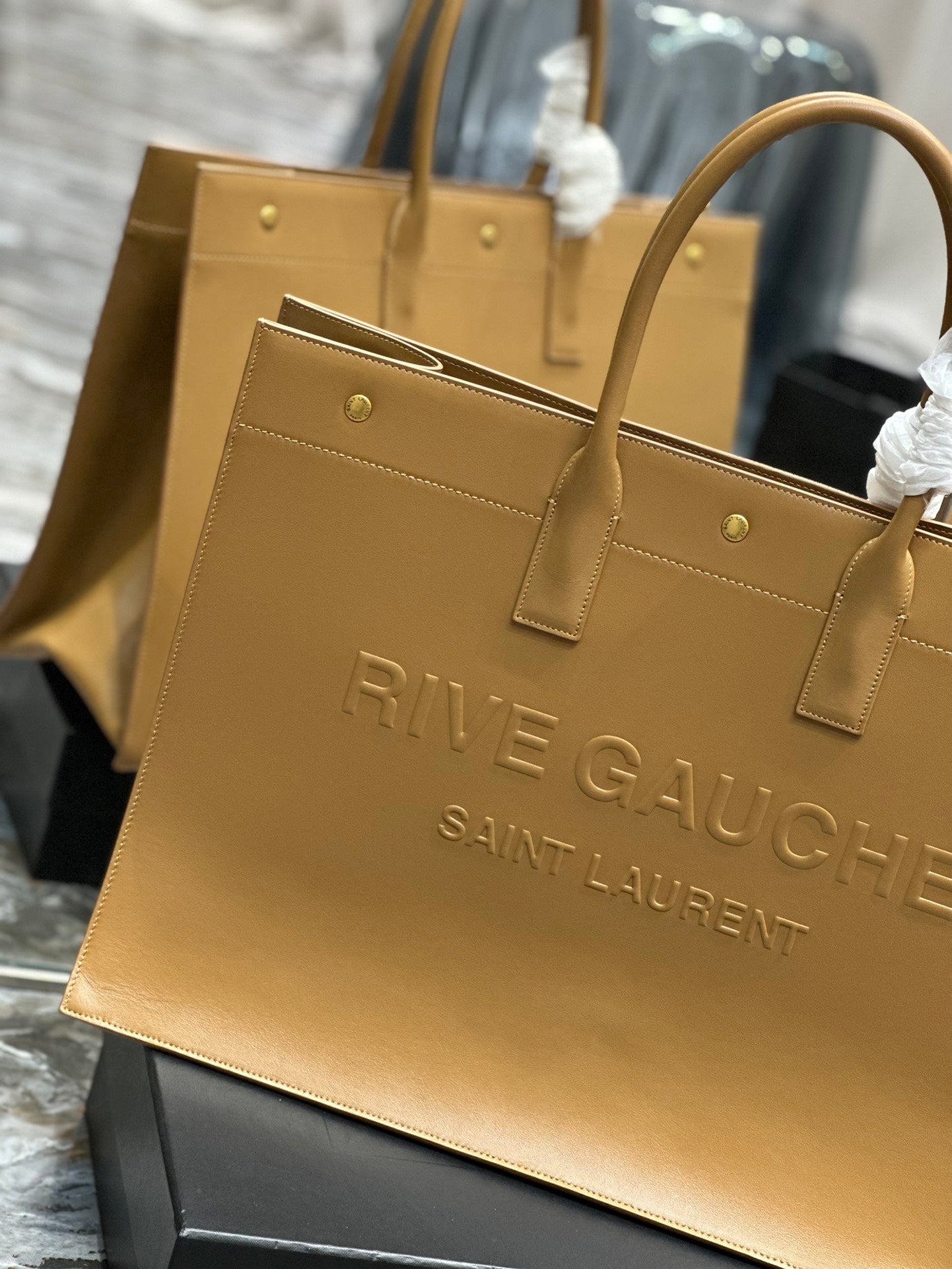 Saint Laurent Rive Gauche Embossed Leather Tote Bag - Tan