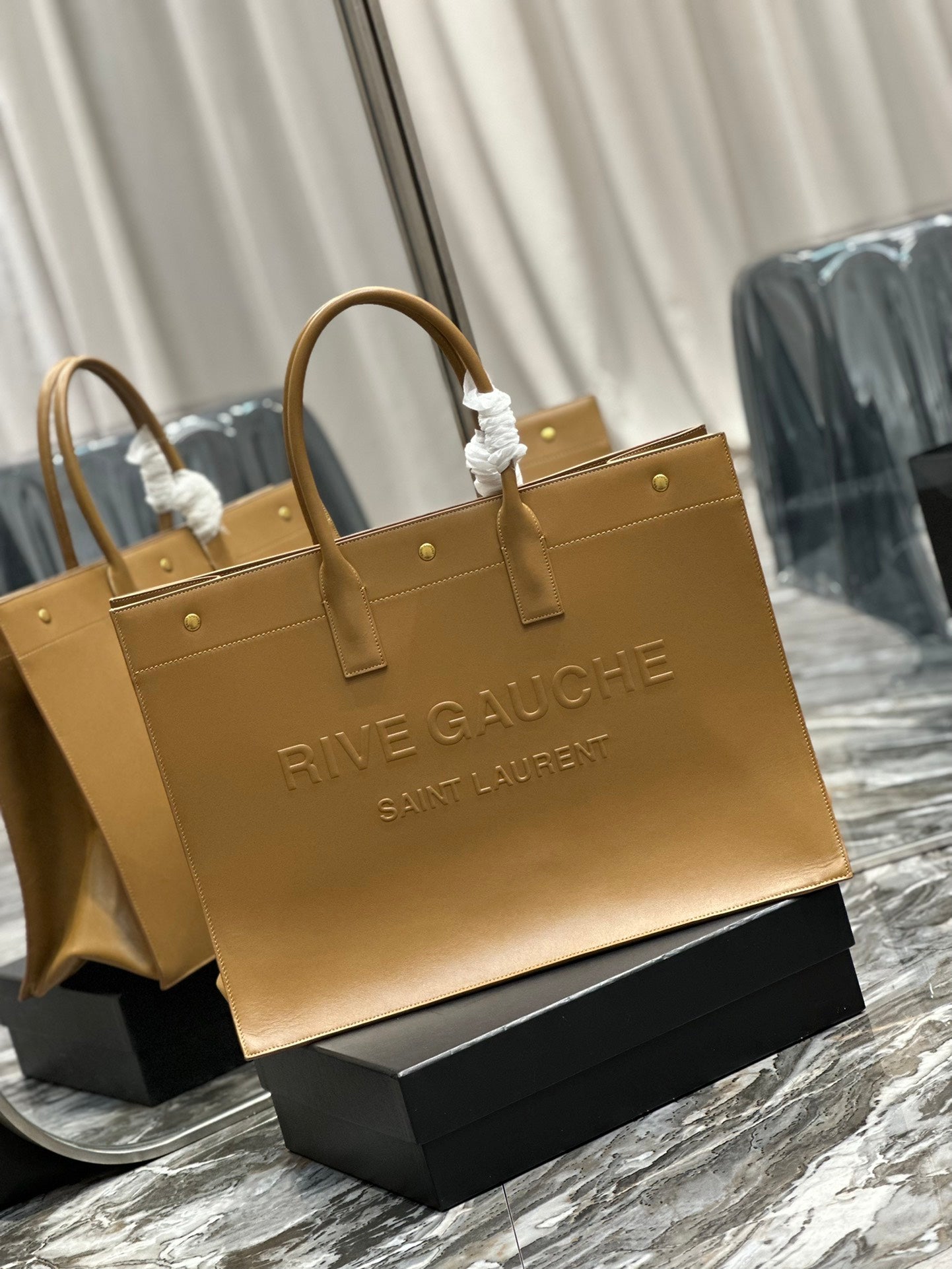Saint Laurent Rive Gauche Embossed Leather Tote Bag - Tan