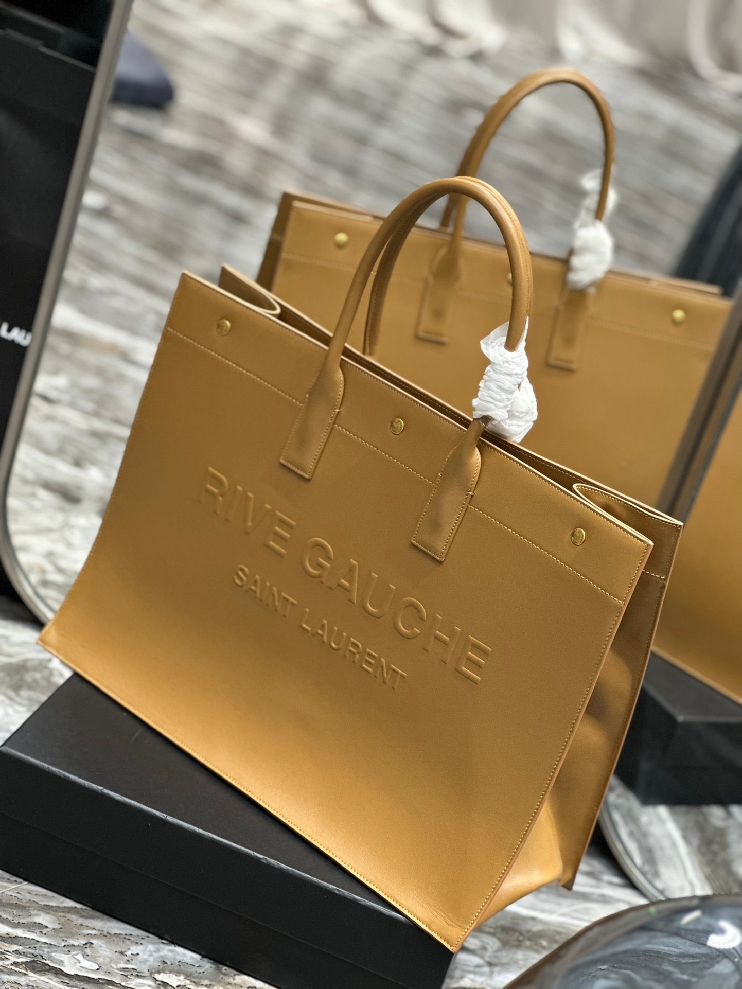 Saint Laurent Rive Gauche Embossed Leather Tote Bag - Tan