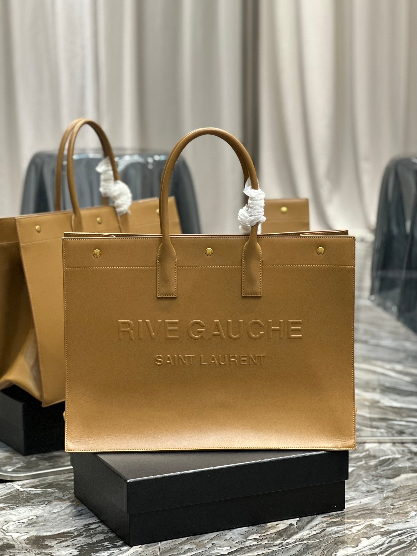 Saint Laurent Rive Gauche Embossed Leather Tote Bag - Tan