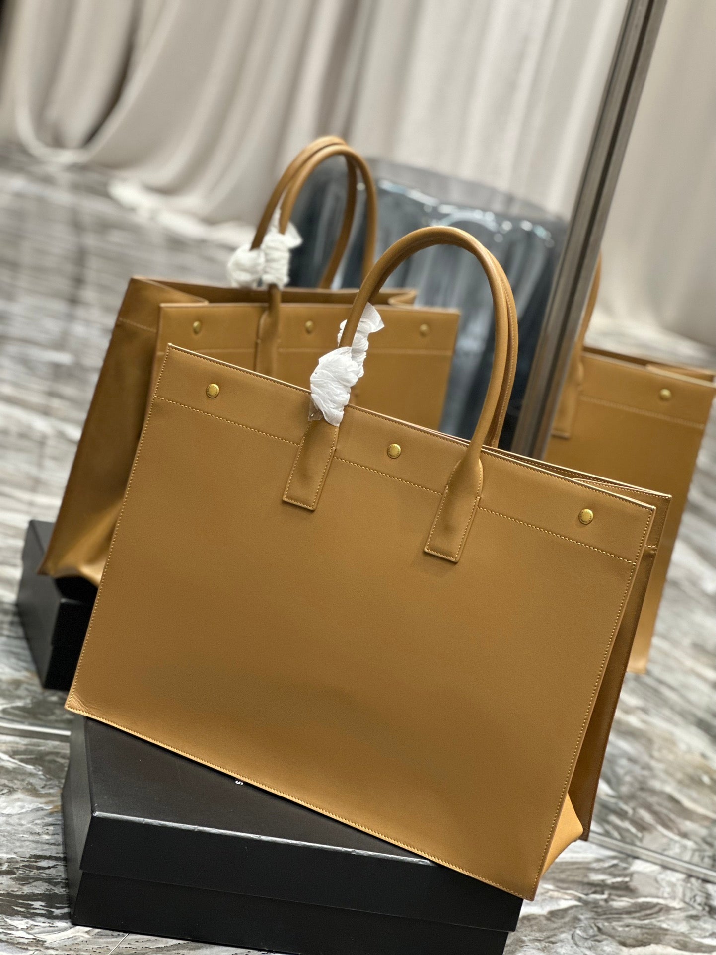 Saint Laurent Rive Gauche Embossed Leather Tote Bag - Tan