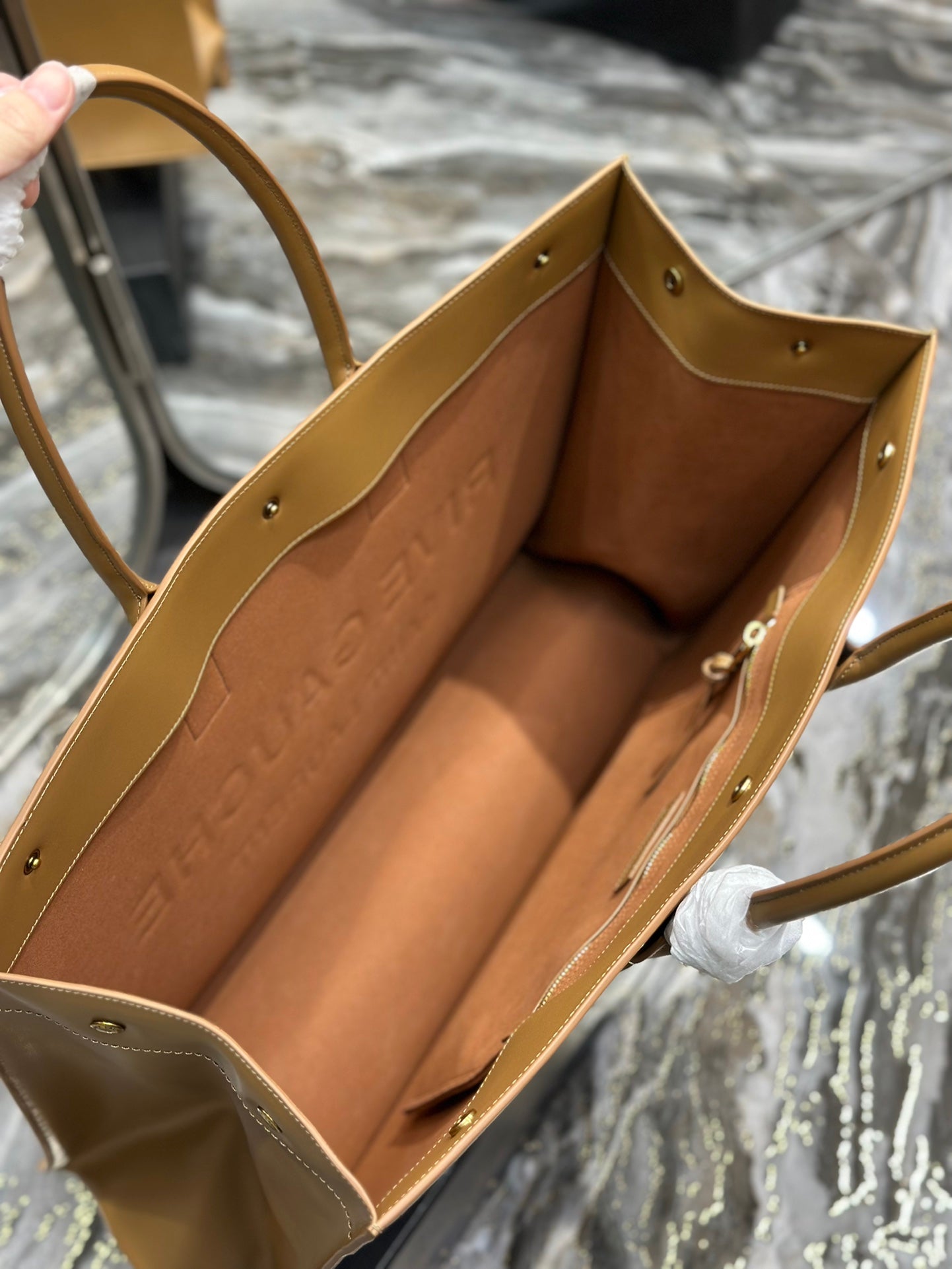 Saint Laurent Rive Gauche Embossed Leather Tote Bag - Tan