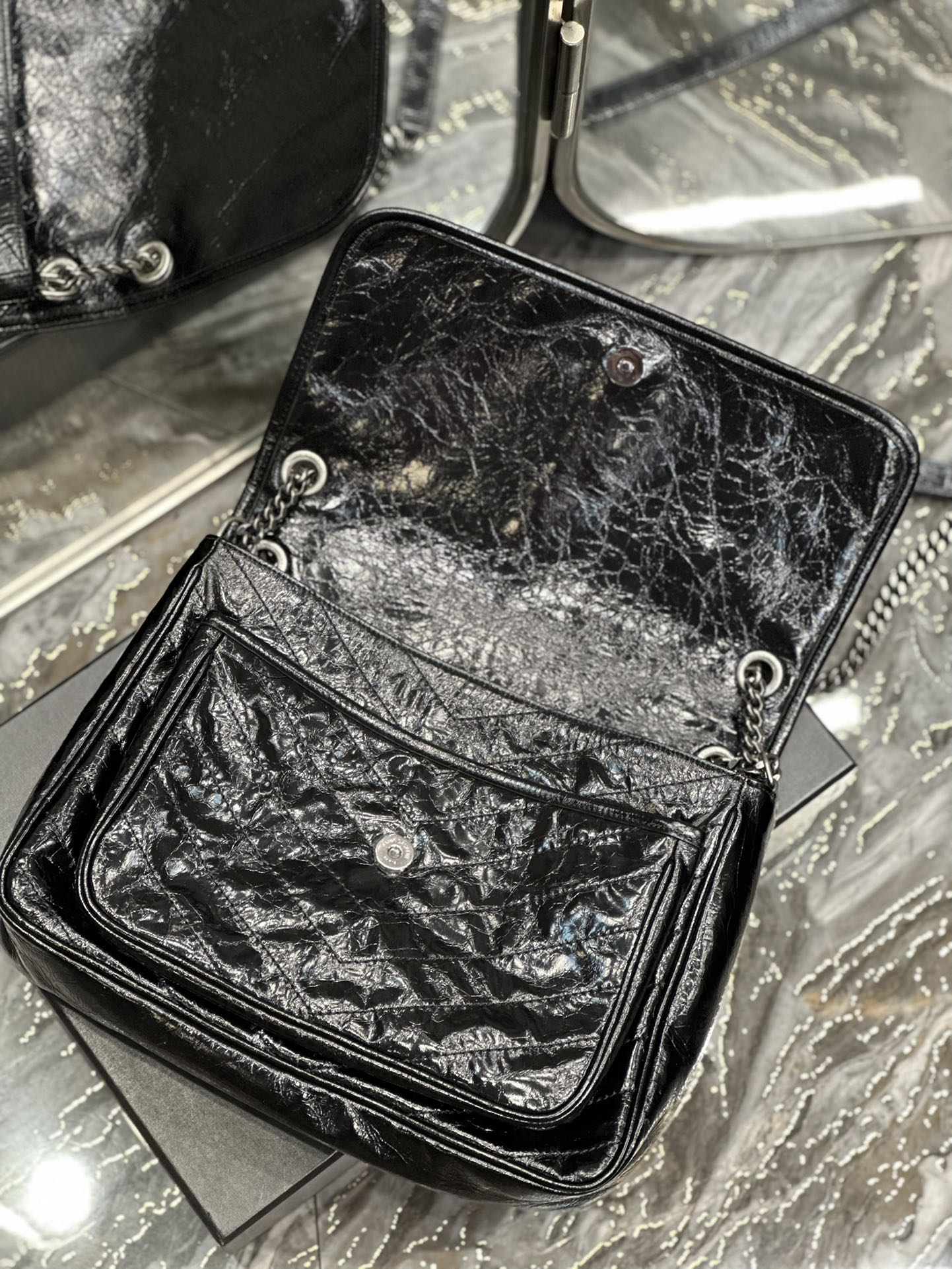 Saint Laurent Niki Medium Shoulder Bag in Black Crinkled Vintage Leather