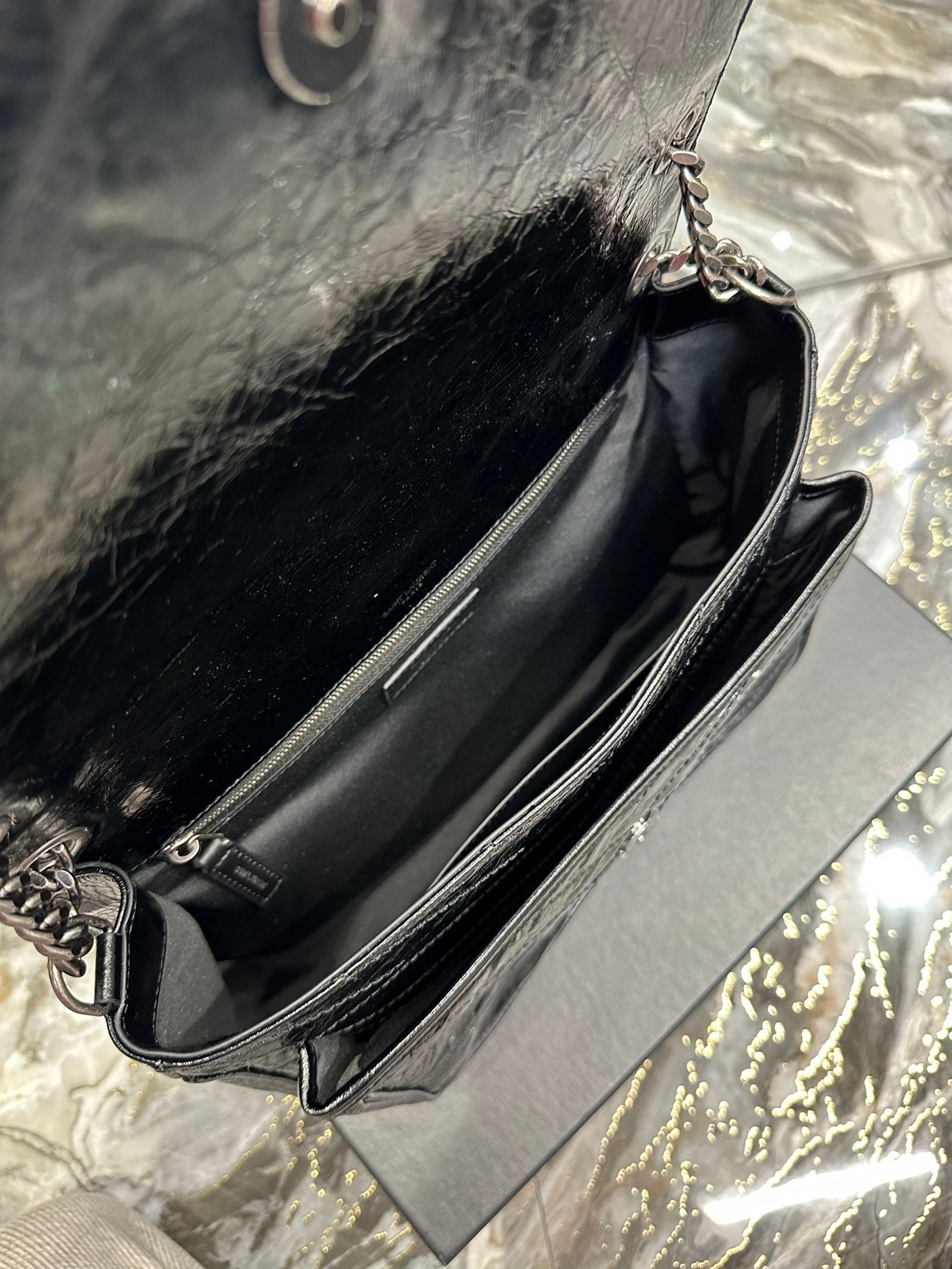 Saint Laurent Niki Medium Shoulder Bag in Black Crinkled Vintage Leather