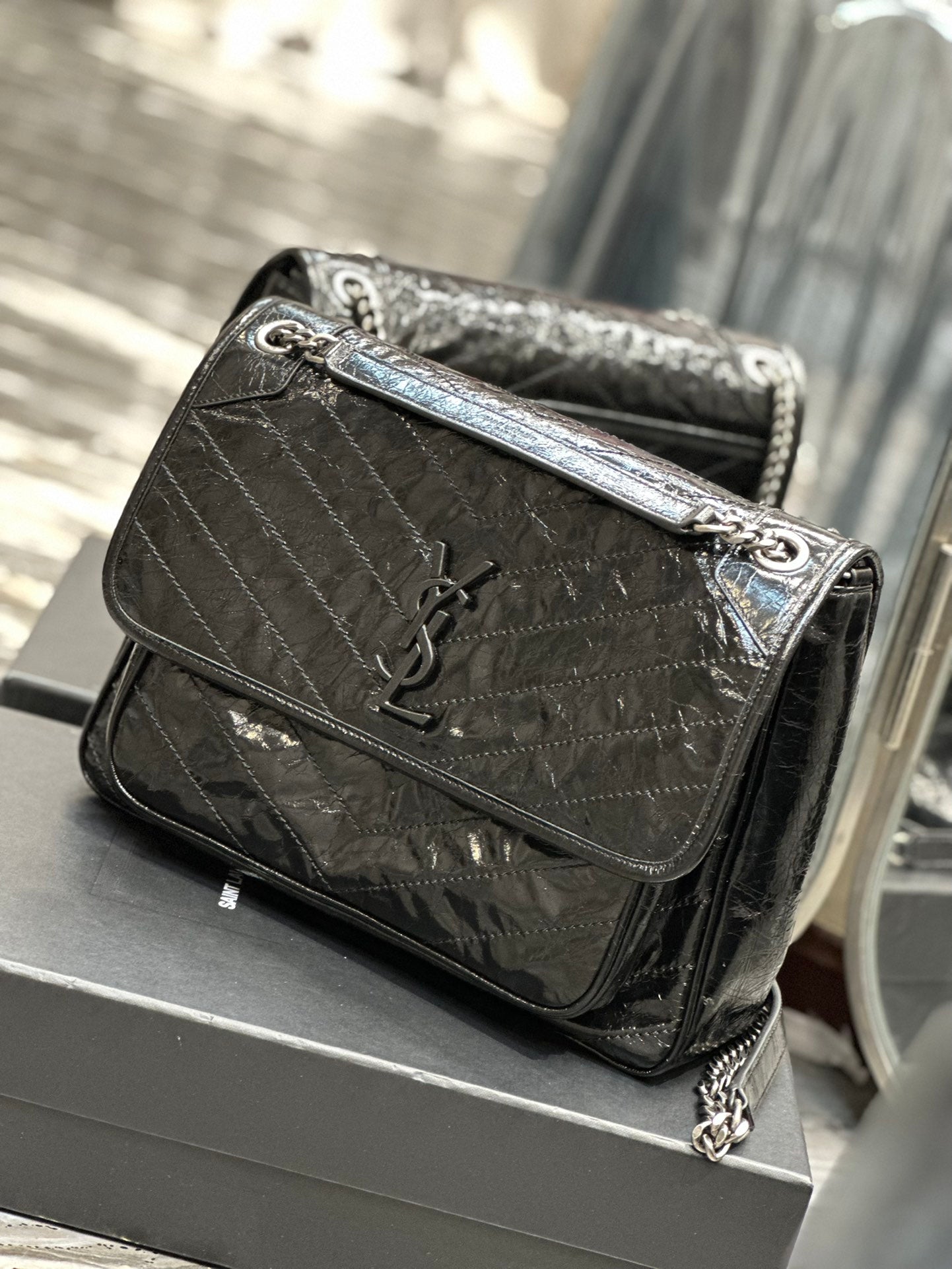 Saint Laurent Niki Medium Shoulder Bag in Black Crinkled Vintage Leather