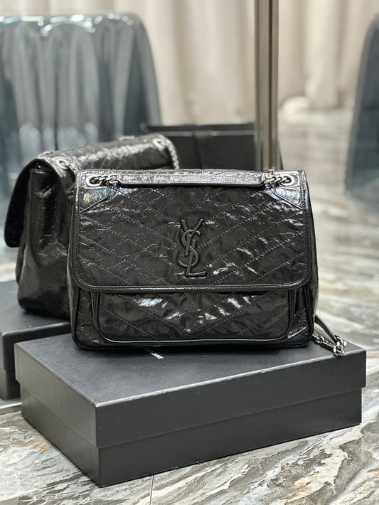 Saint Laurent Niki Medium Shoulder Bag in Black Crinkled Vintage Leather