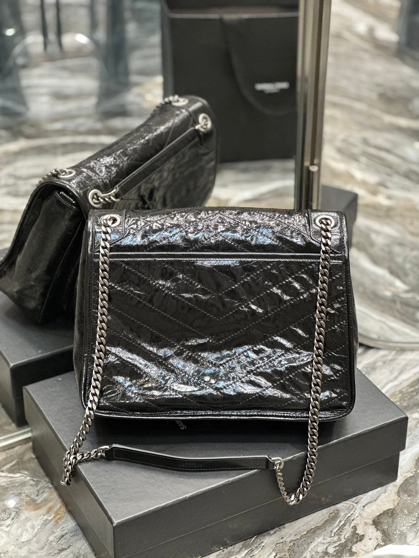 Saint Laurent Niki Medium Shoulder Bag in Black Crinkled Vintage Leather