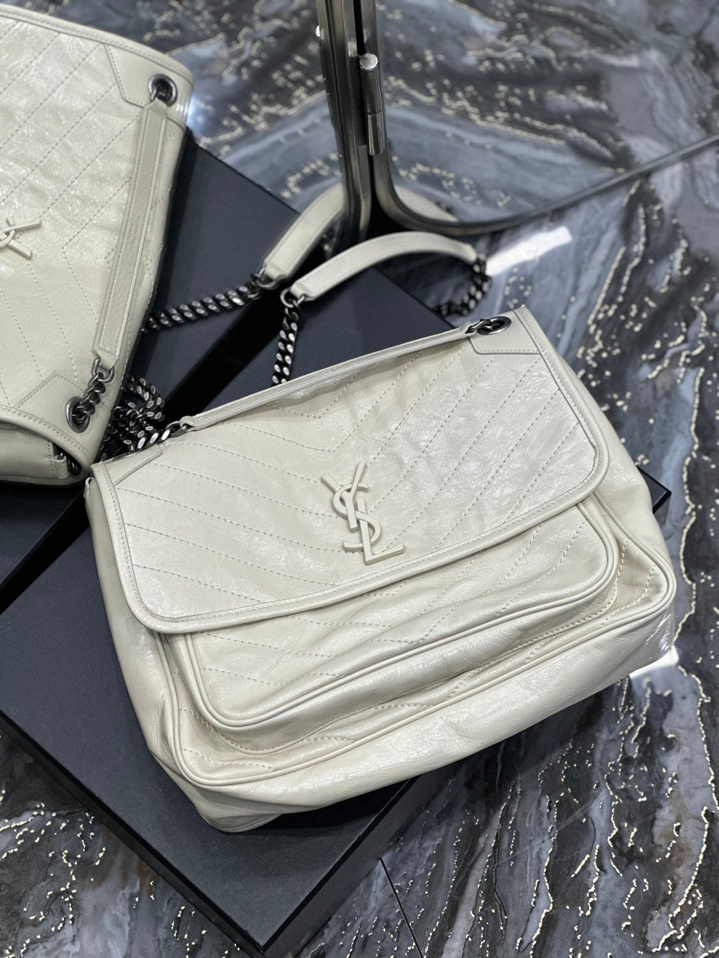 Saint Laurent Niki Medium Shoulder Bag in Crinkled Vintage Leather - Off-White