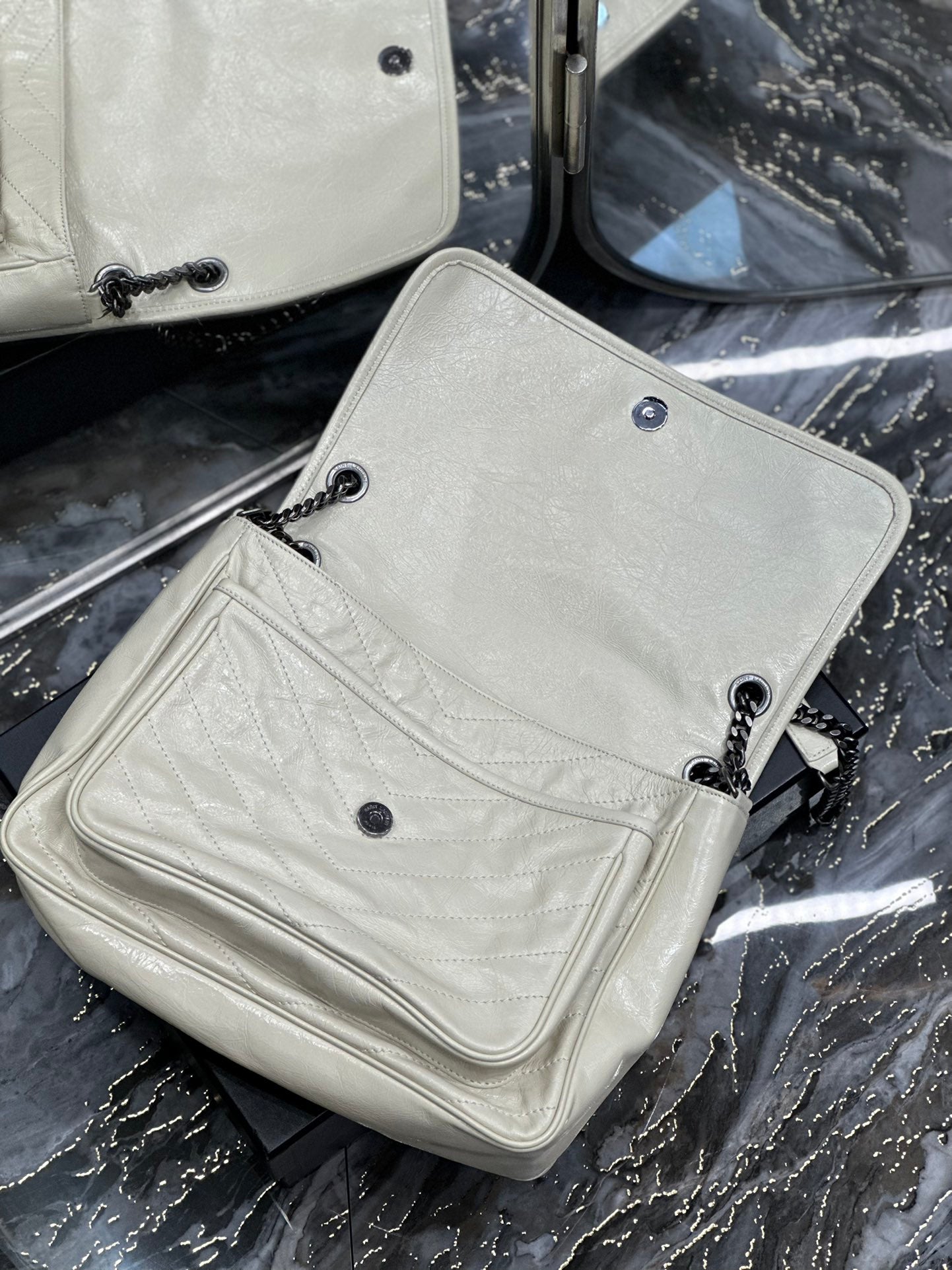 Saint Laurent Niki Medium Shoulder Bag in Crinkled Vintage Leather - Off-White