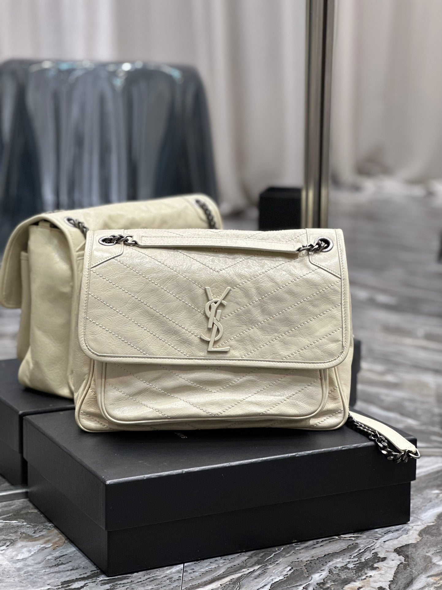 Saint Laurent Niki Medium Shoulder Bag in Crinkled Vintage Leather - Off-White
