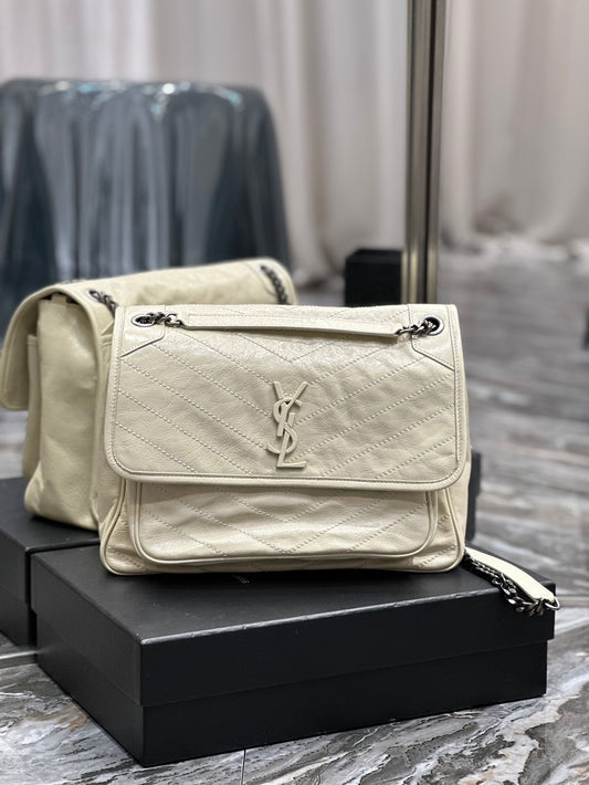 Saint Laurent Niki Medium Shoulder Bag in Crinkled Vintage Leather - Off-White