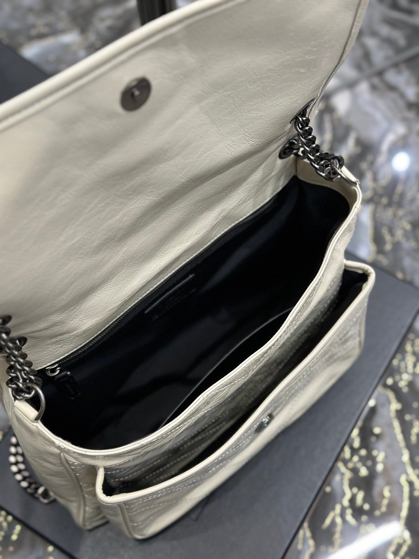 Saint Laurent Niki Medium Shoulder Bag in Crinkled Vintage Leather - Off-White