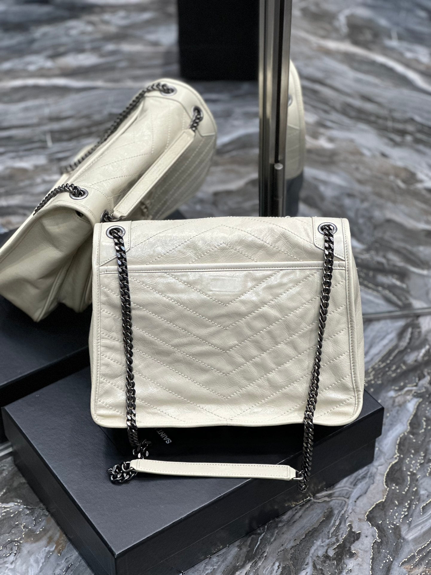 Saint Laurent Niki Medium Shoulder Bag in Crinkled Vintage Leather - Off-White