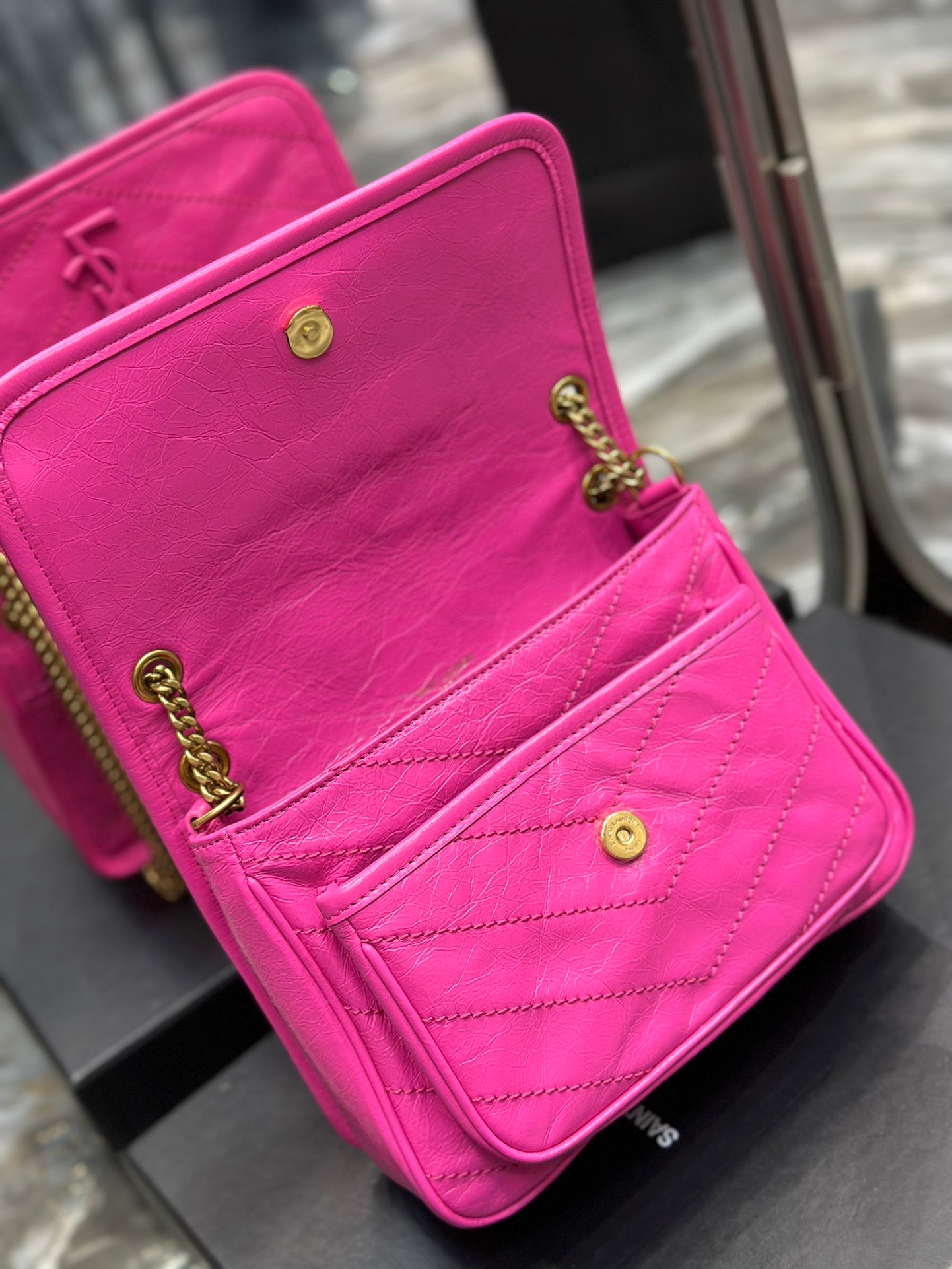 Saint Laurent Niki Medium Chain Bag in Fuchsia Pink Crinkled Vintage Leather