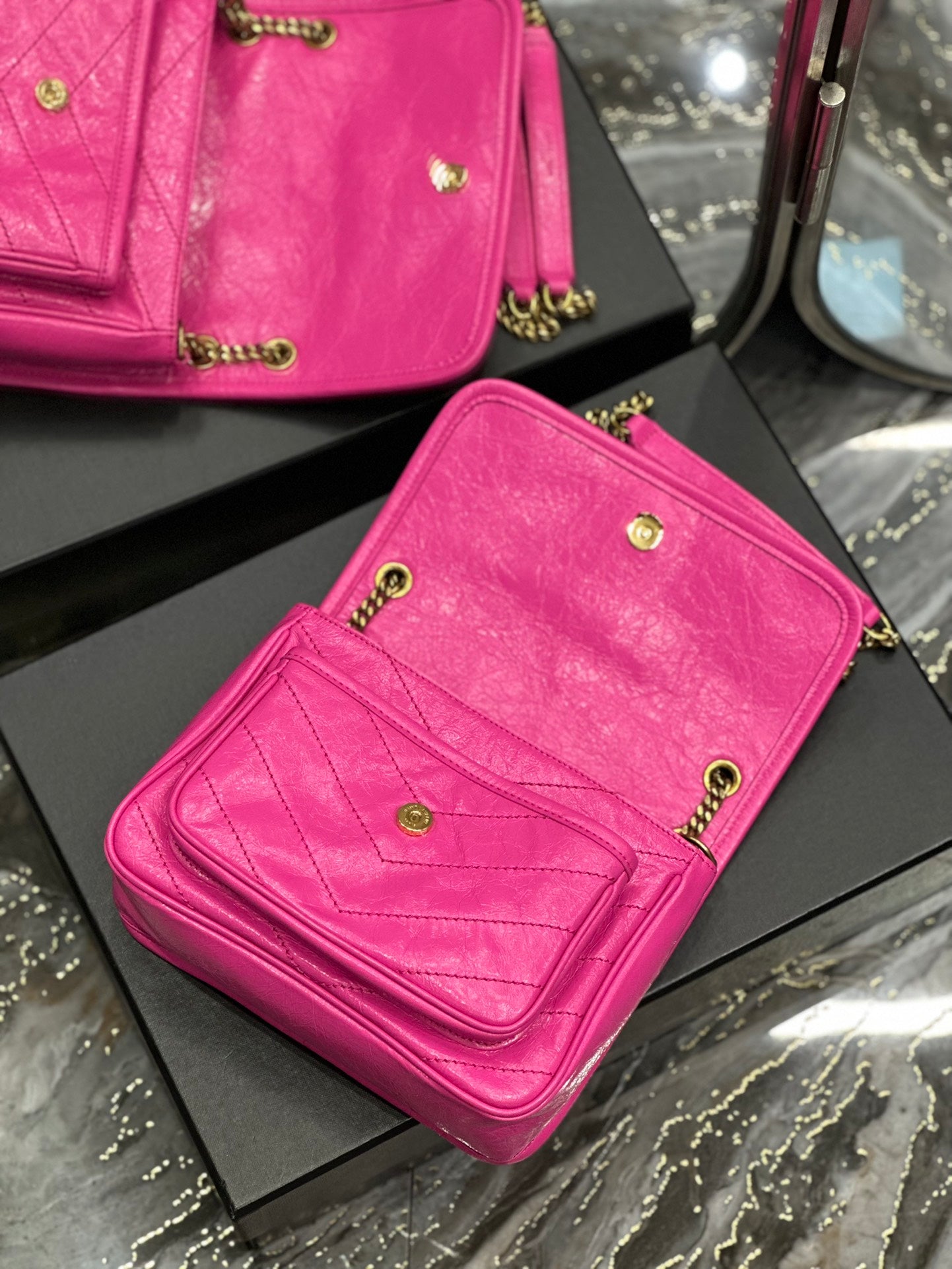 Saint Laurent Niki Medium Chain Bag in Fuchsia Pink Crinkled Vintage Leather