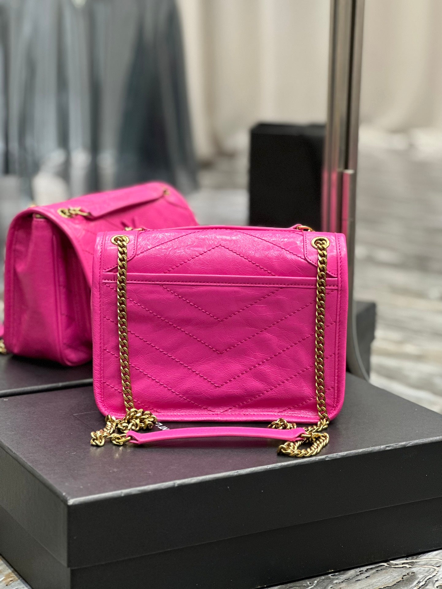 Saint Laurent Niki Medium Chain Bag in Fuchsia Pink Crinkled Vintage Leather