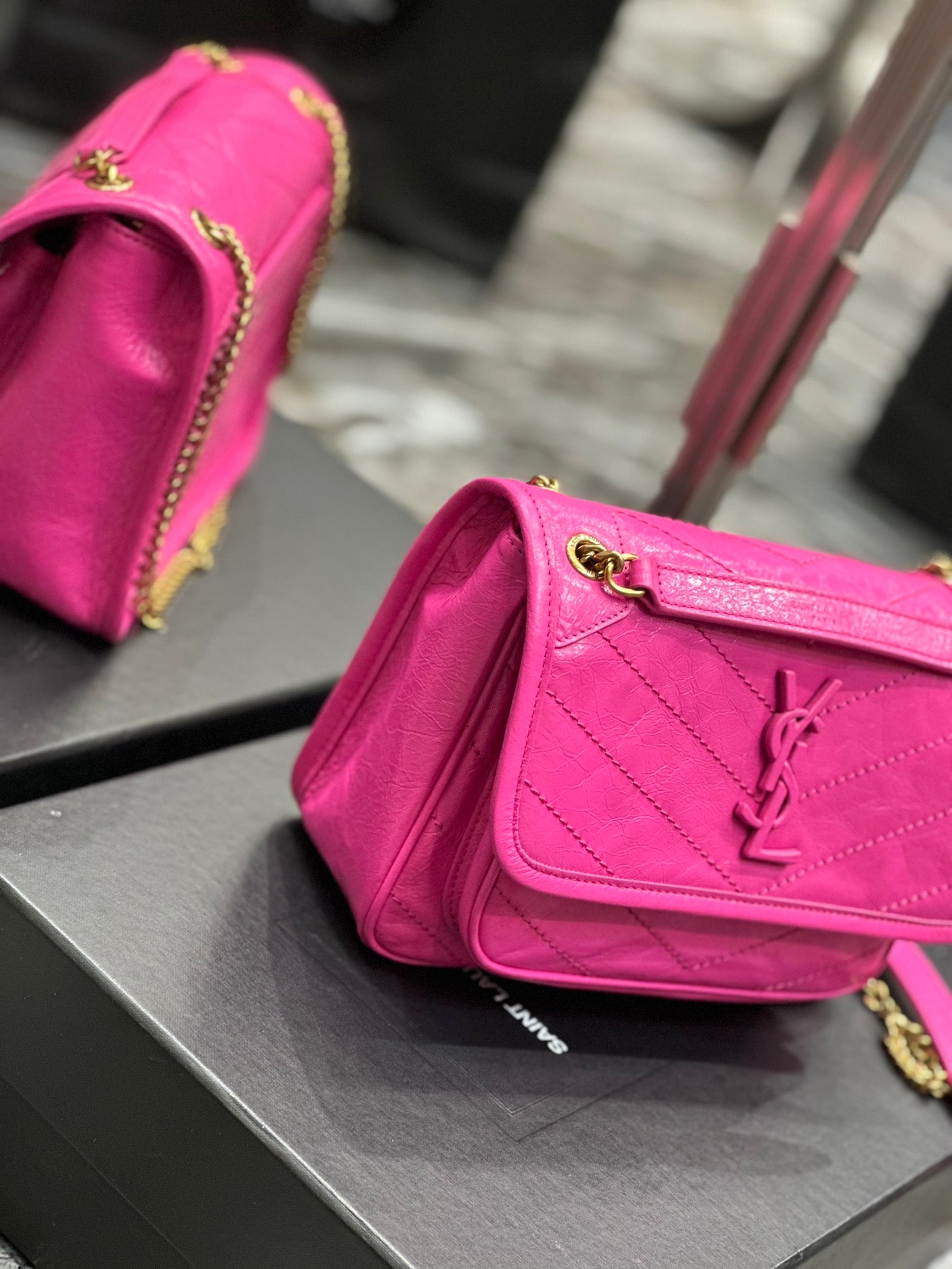 Saint Laurent Niki Medium Chain Bag in Fuchsia Pink Crinkled Vintage Leather