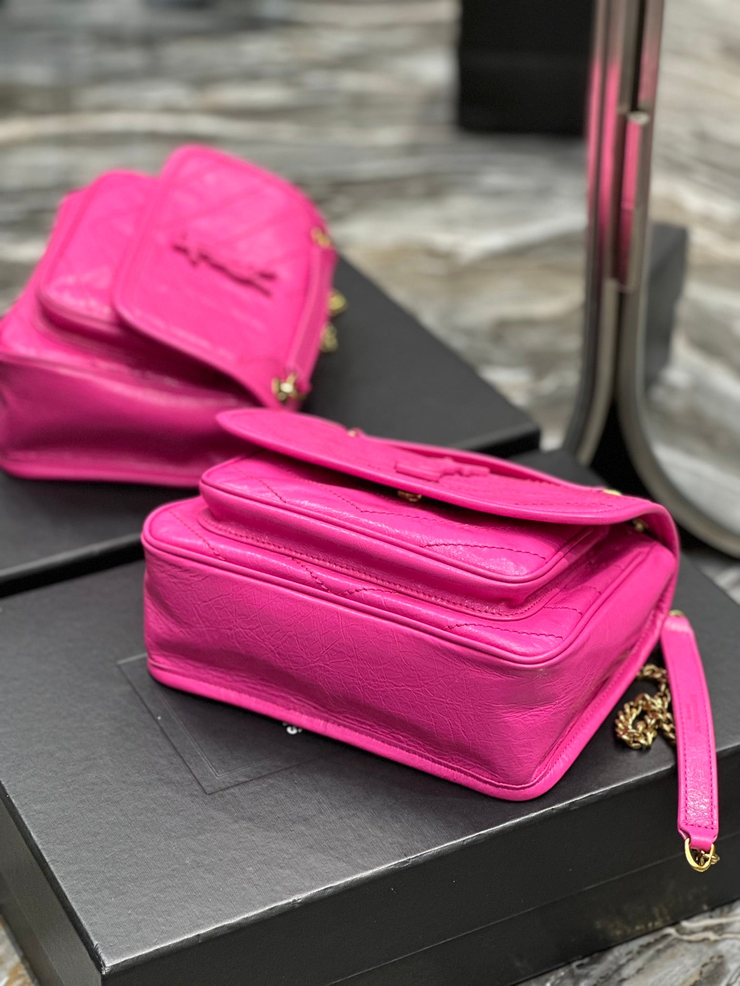 Saint Laurent Niki Medium Chain Bag in Fuchsia Pink Crinkled Vintage Leather