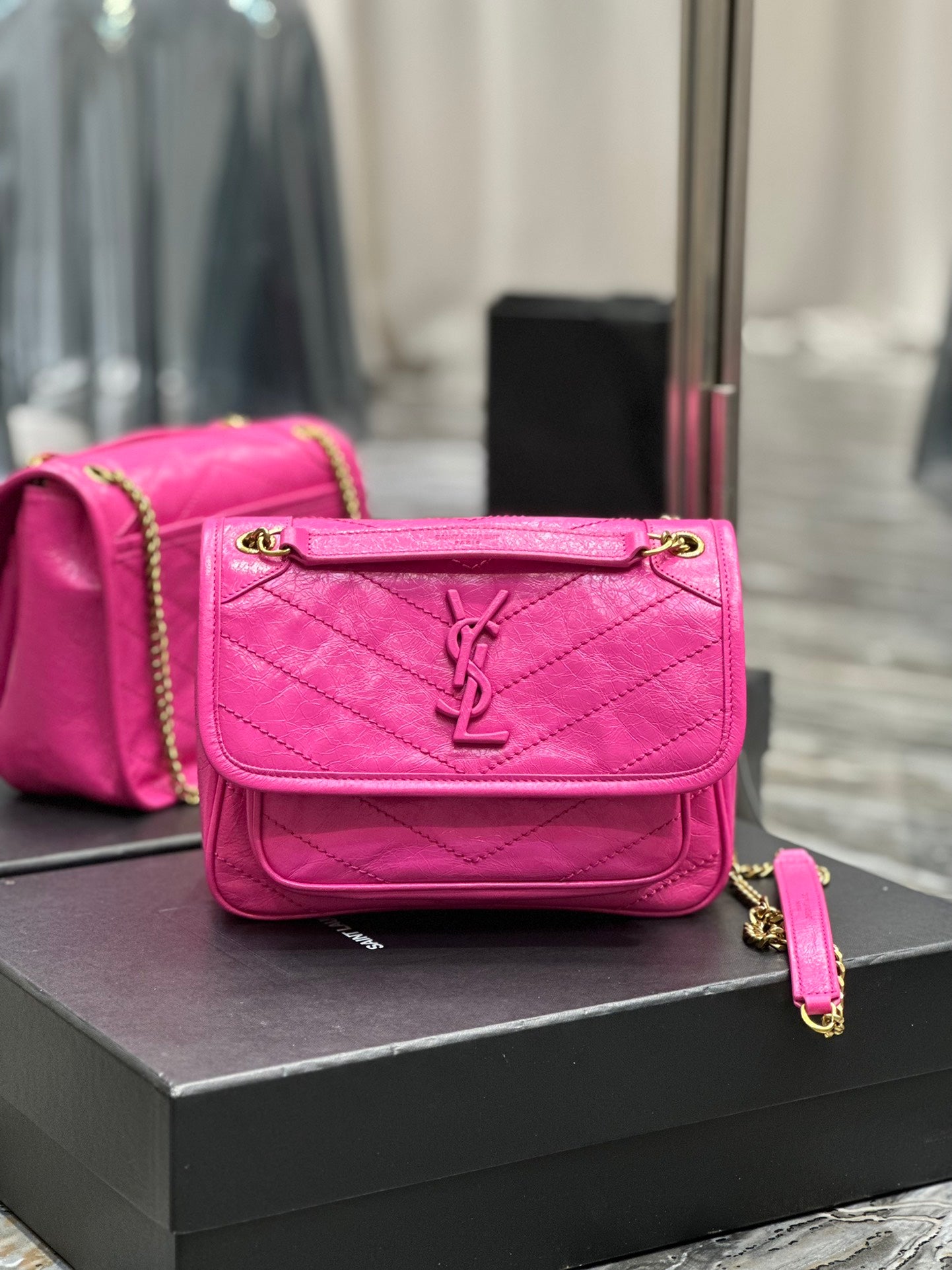 Saint Laurent Niki Medium Chain Bag in Fuchsia Pink Crinkled Vintage Leather