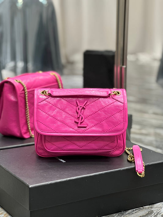 Saint Laurent Niki Medium Chain Bag in Fuchsia Pink Crinkled Vintage Leather