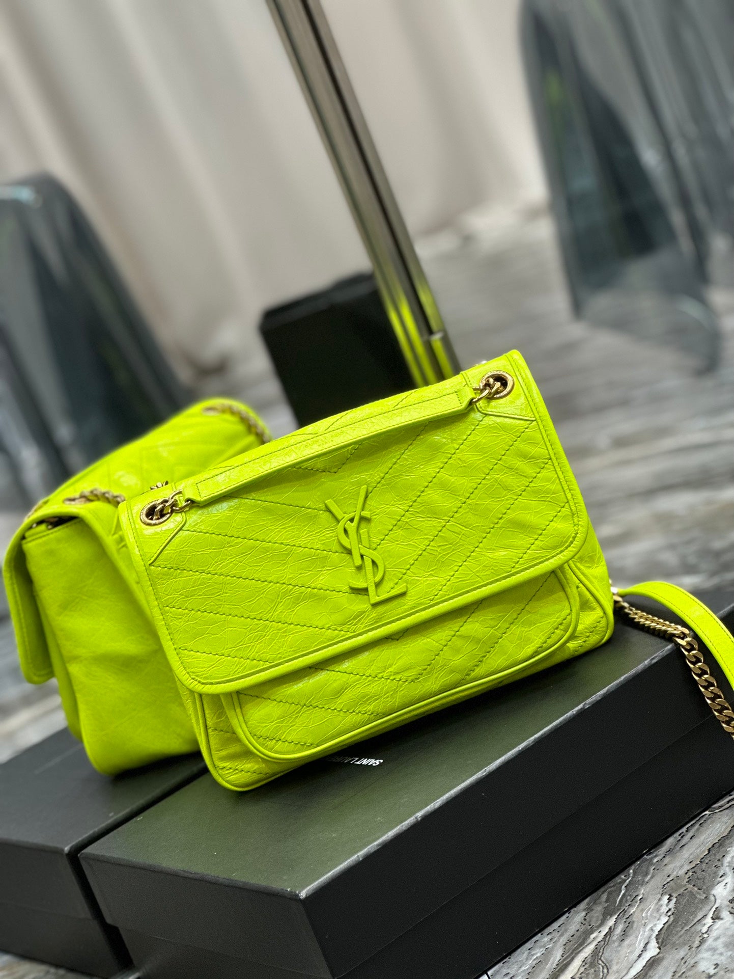 Saint Laurent Niki Medium Shoulder Bag in Neon Yellow Crinkled Leather