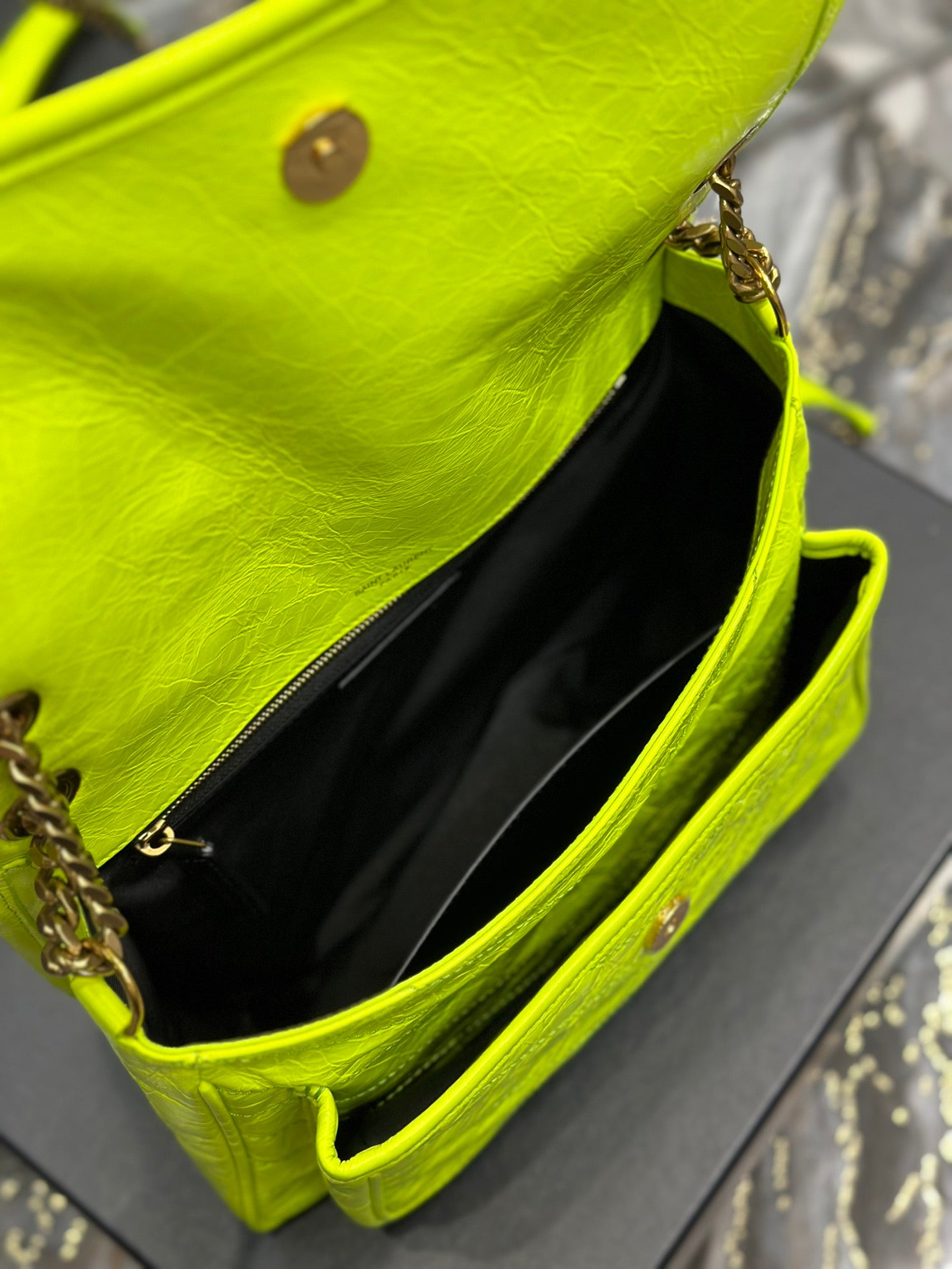 Saint Laurent Niki Medium Shoulder Bag in Neon Yellow Crinkled Leather
