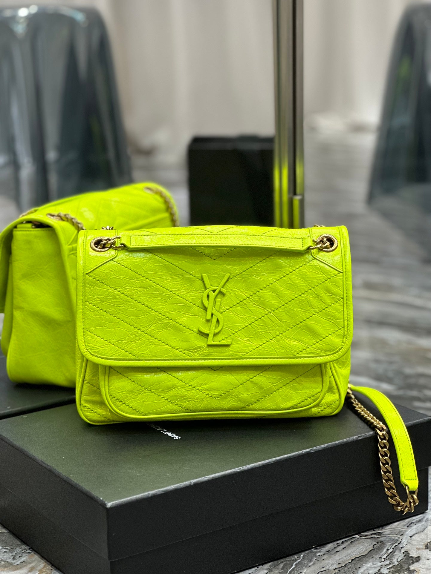 Saint Laurent Niki Medium Shoulder Bag in Neon Yellow Crinkled Leather