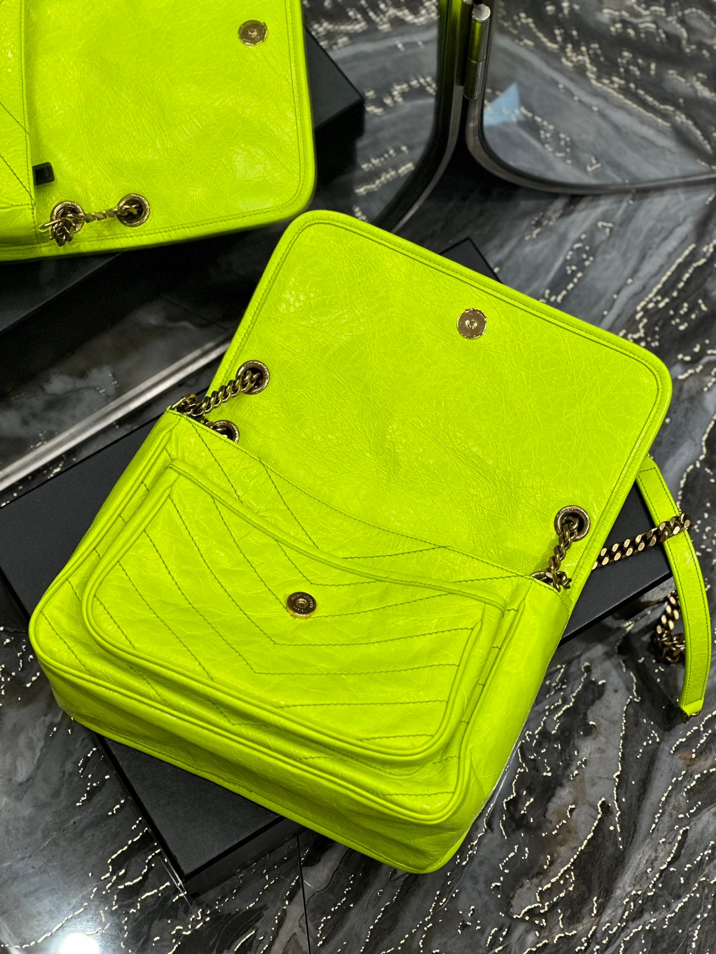 Saint Laurent Niki Medium Shoulder Bag in Neon Yellow Crinkled Leather