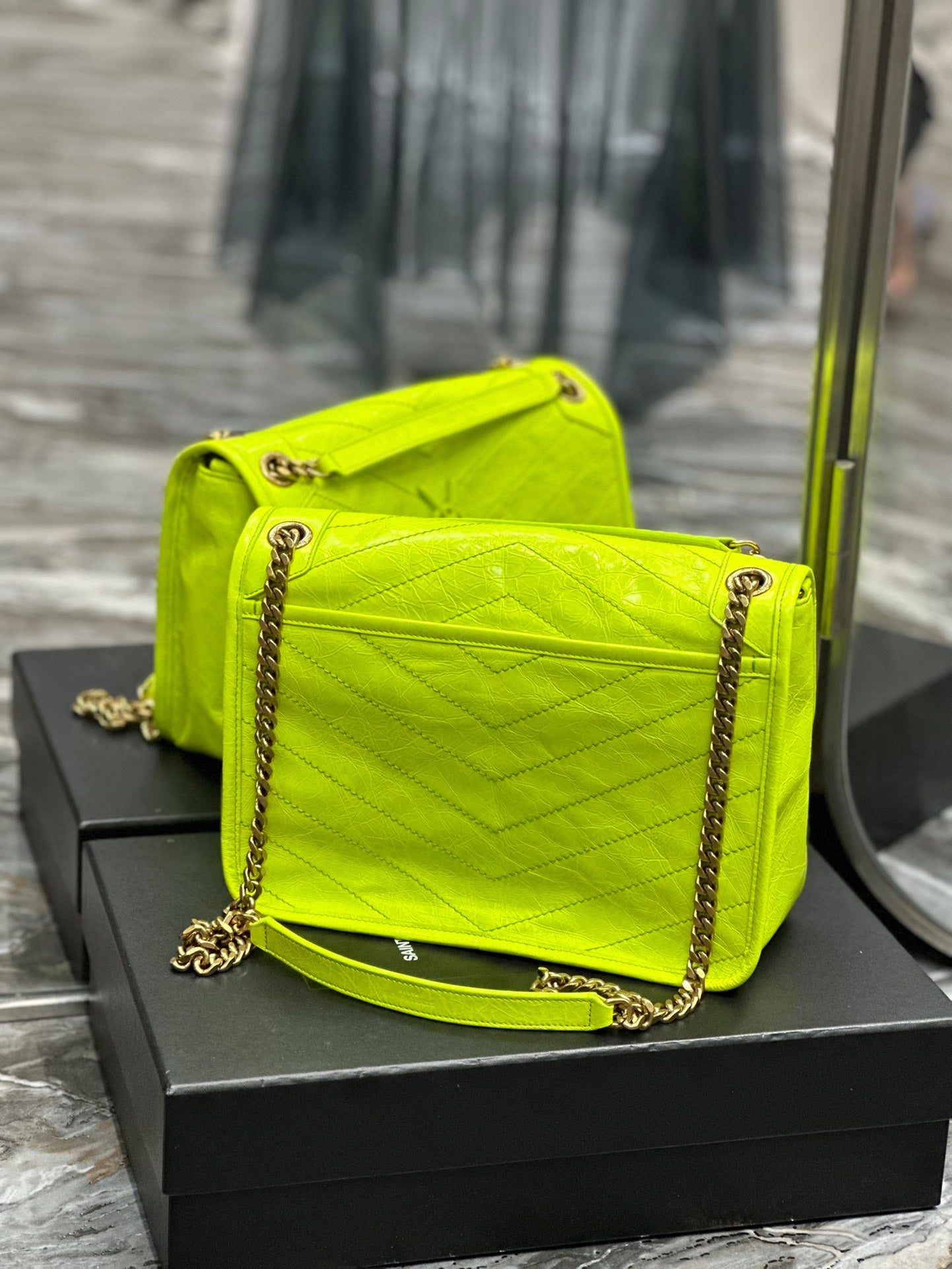 Saint Laurent Niki Medium Shoulder Bag in Neon Yellow Crinkled Leather