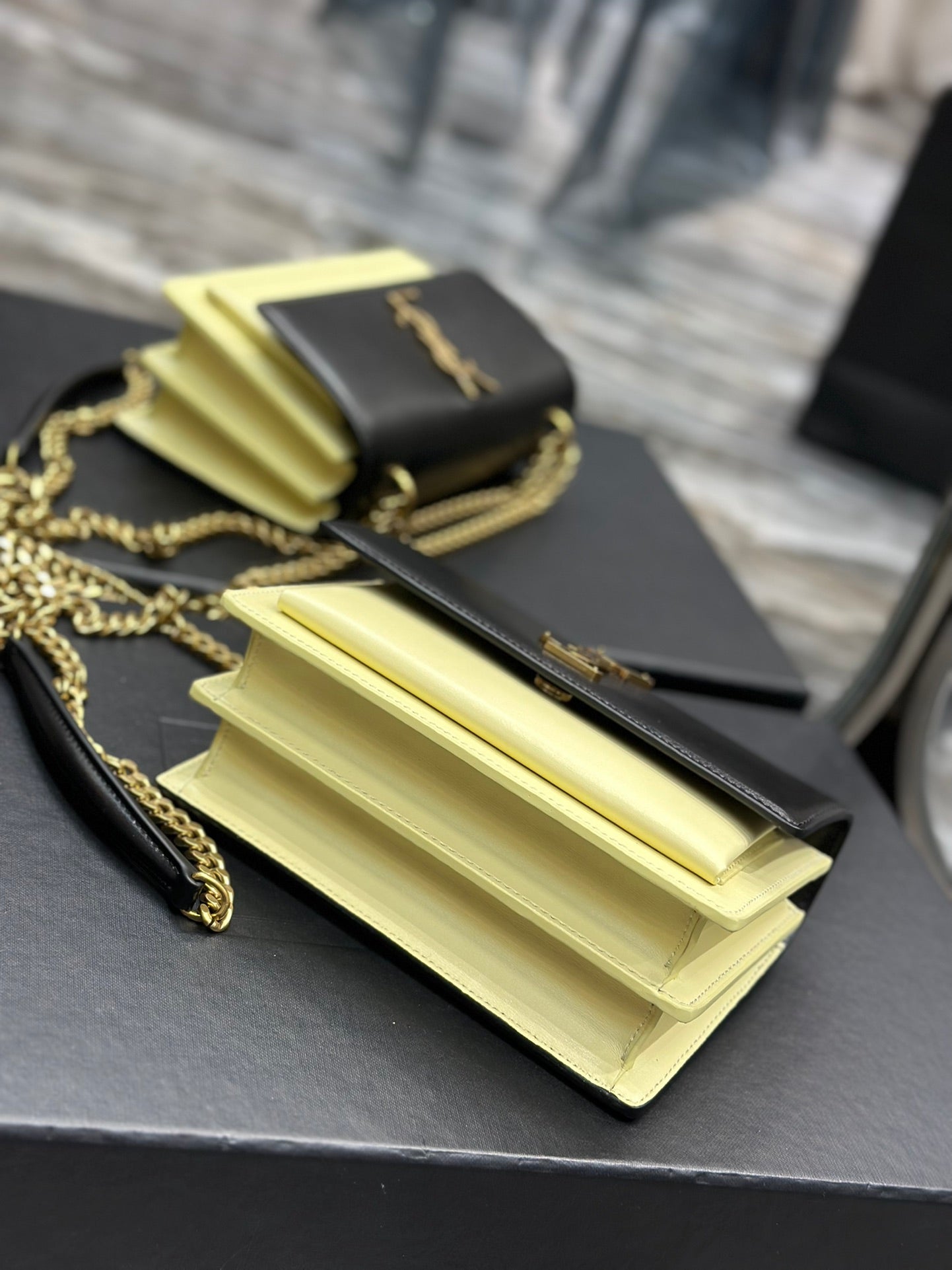 Saint Laurent Sunset Medium Chain Shoulder Bag - Black &amp; Yellow Leather