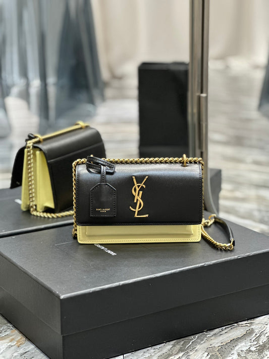 Saint Laurent Sunset Medium Chain Shoulder Bag - Black &amp; Yellow Leather