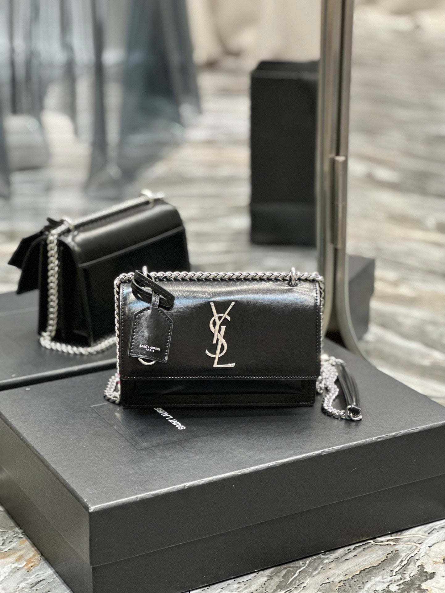 Saint Laurent Sunset Medium Chain Bag in Black Shiny Leather with Silver Hardware