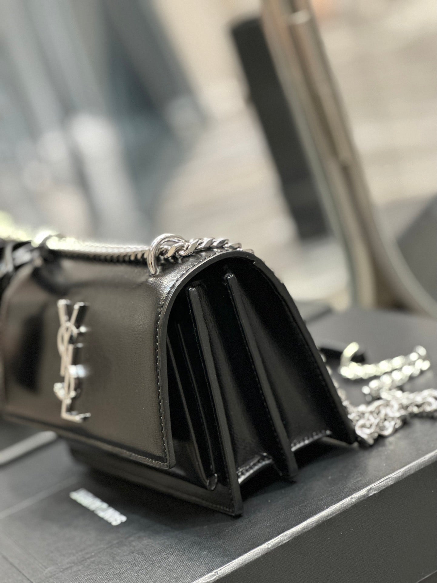 Saint Laurent Sunset Medium Chain Bag in Black Shiny Leather with Silver Hardware