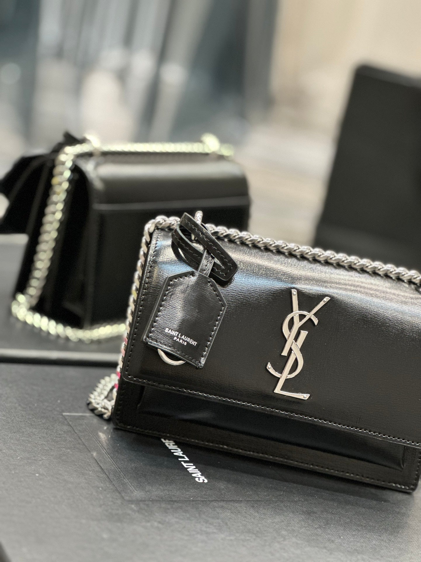 Saint Laurent Sunset Medium Chain Bag in Black Shiny Leather with Silver Hardware