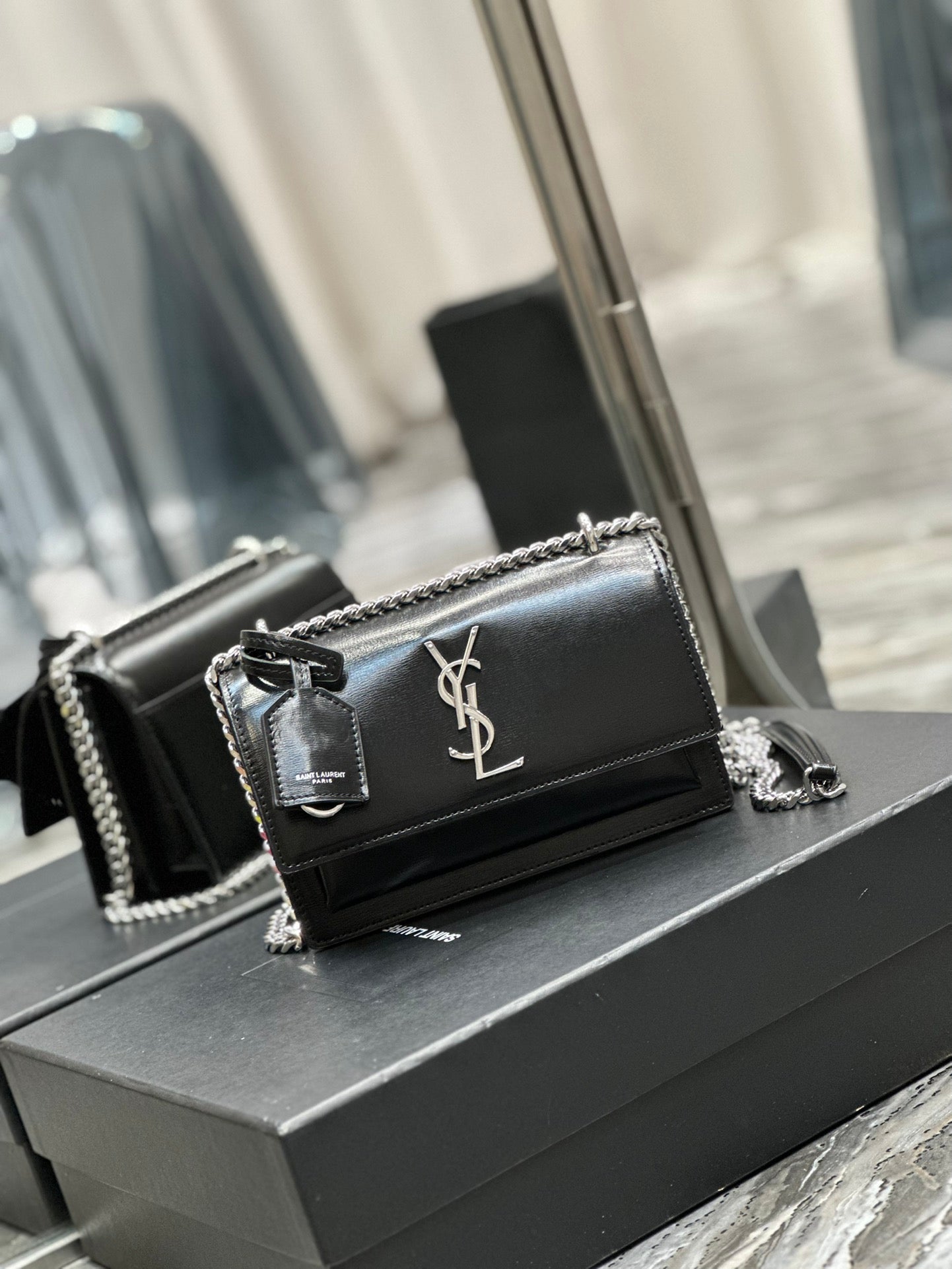 Saint Laurent Sunset Medium Chain Bag in Black Shiny Leather with Silver Hardware