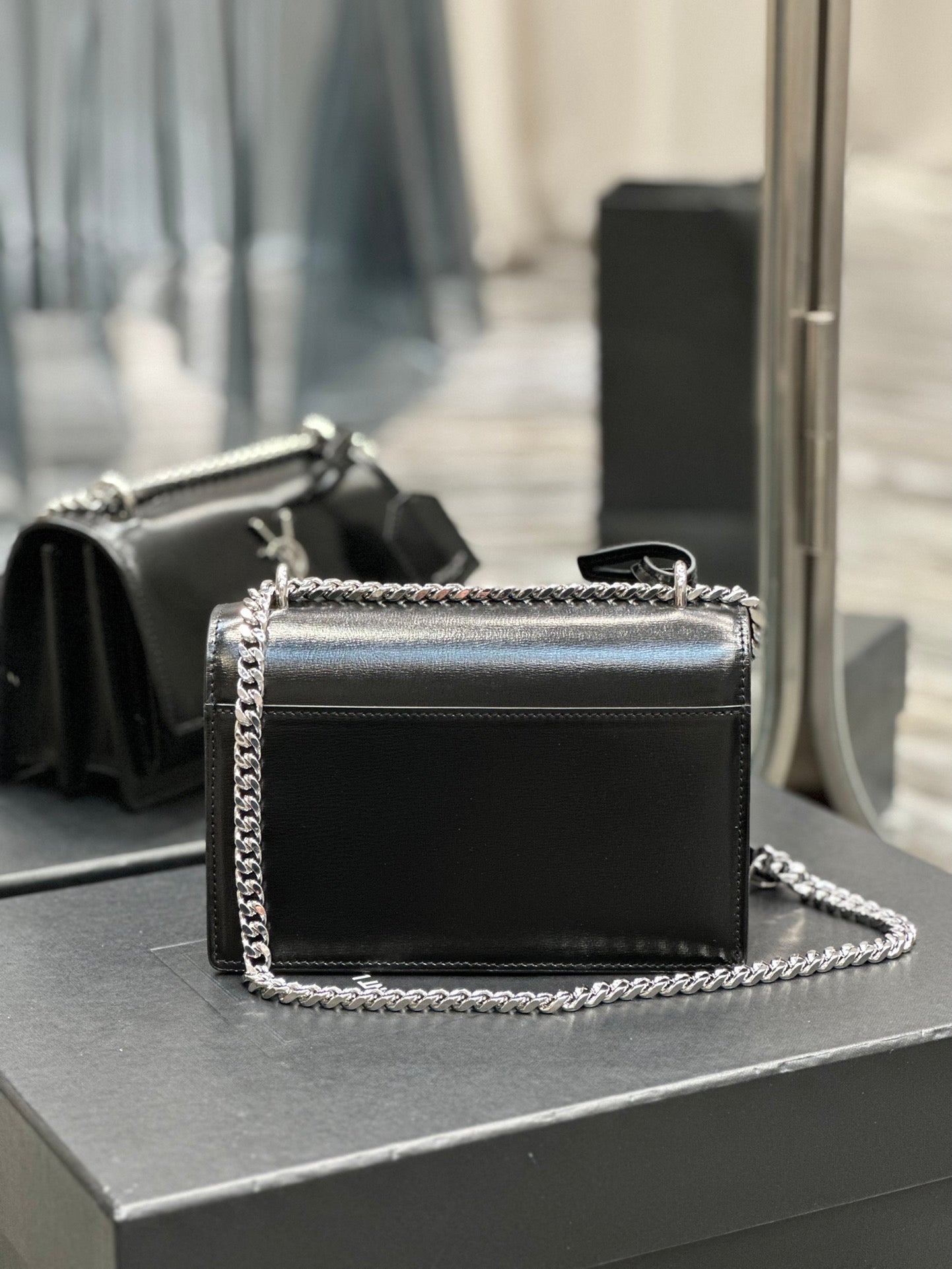 Saint Laurent Sunset Medium Chain Bag in Black Shiny Leather with Silver Hardware