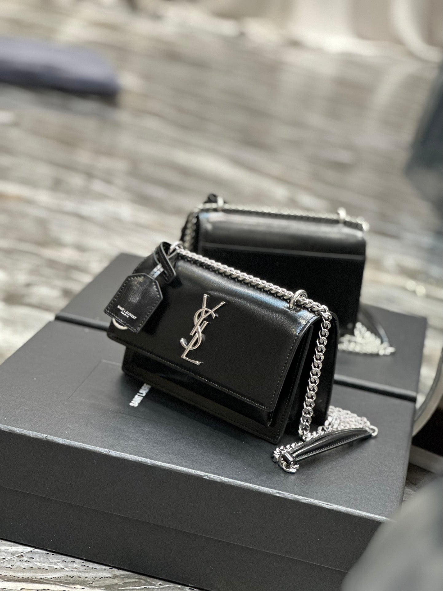 Saint Laurent Sunset Medium Chain Bag in Black Shiny Leather with Silver Hardware