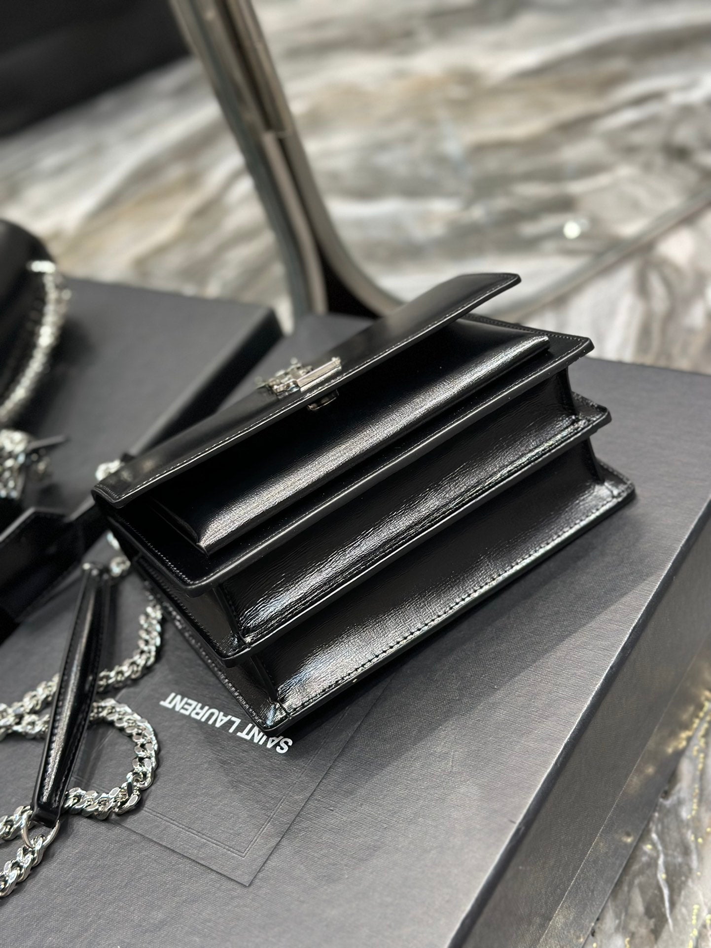 Saint Laurent Sunset Medium Chain Bag in Black Shiny Leather with Silver Hardware